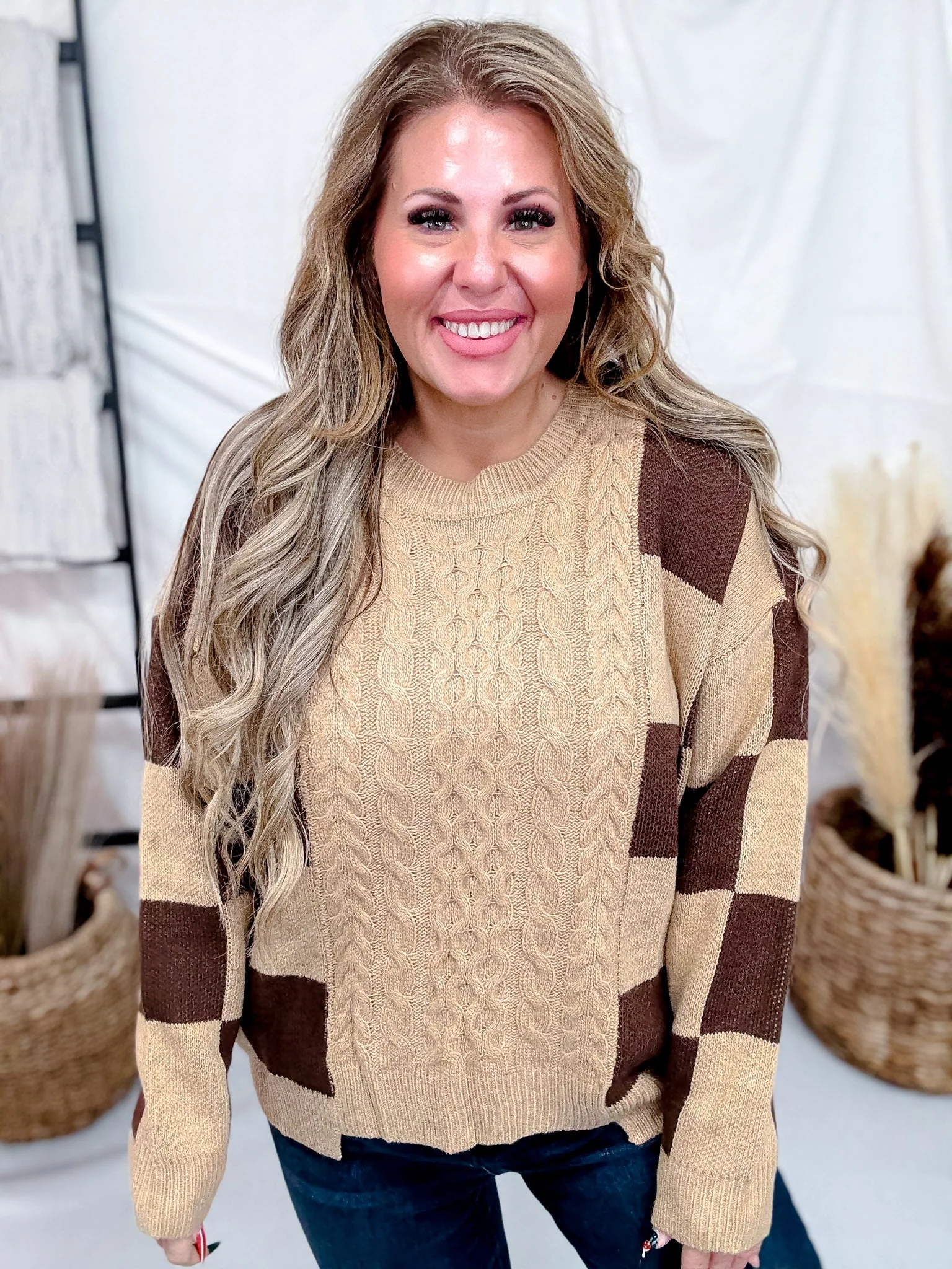 Cable Knit Sweater With Mocha Latte Checkerboard Pattern FINAL SALE - Image 3