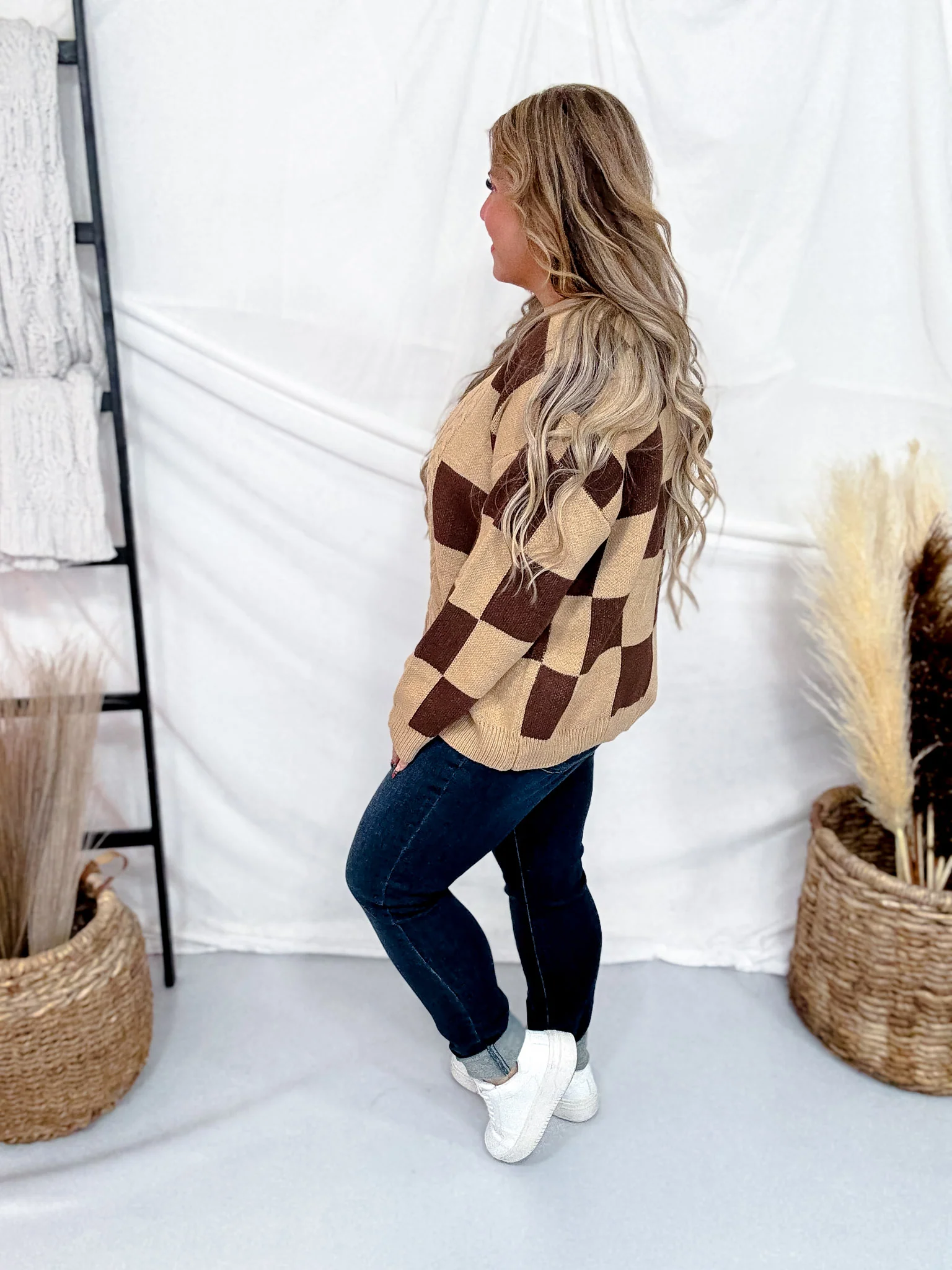 Cable Knit Sweater With Mocha Latte Checkerboard Pattern FINAL SALE - Image 5