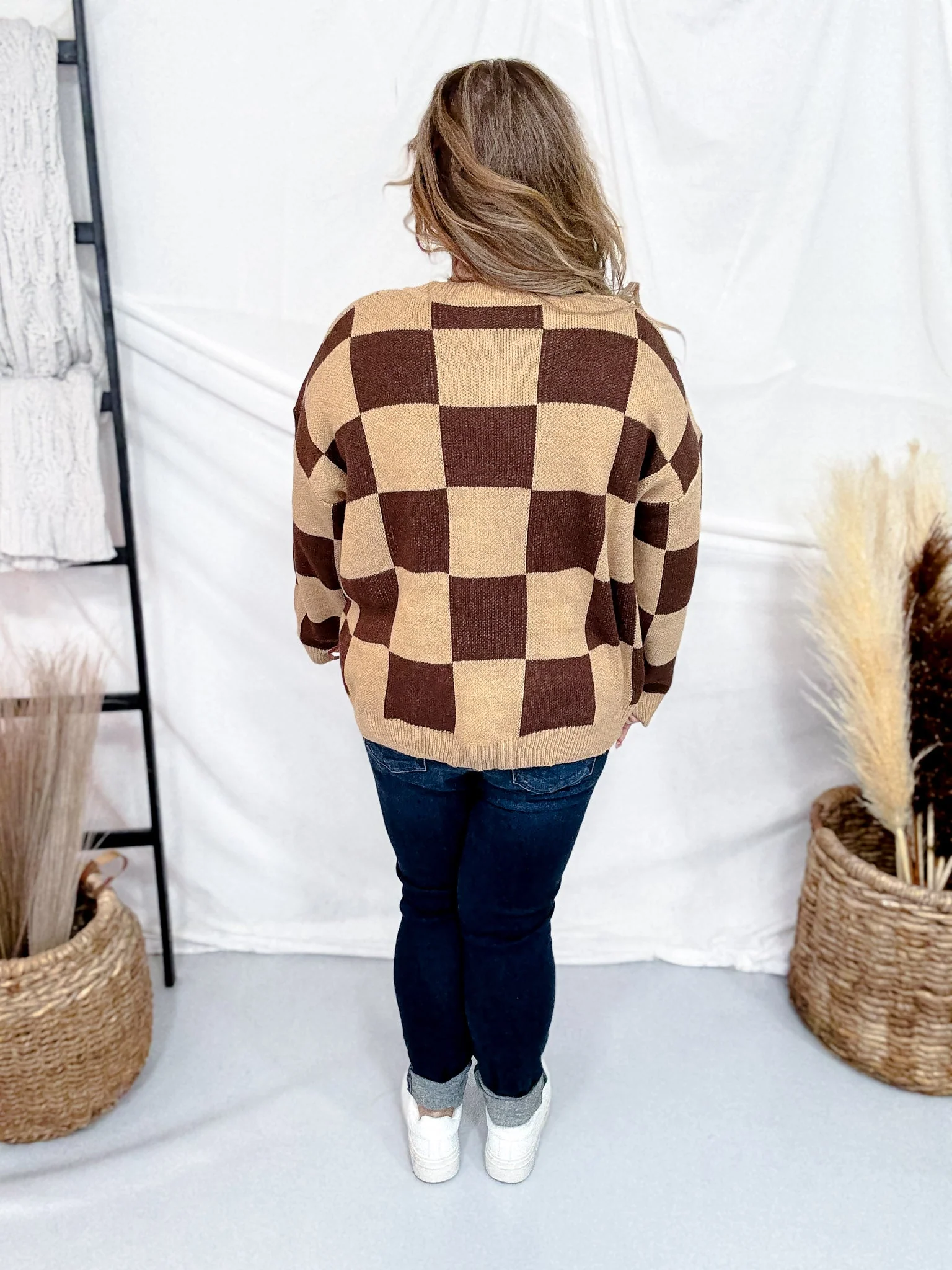 Cable Knit Sweater With Mocha Latte Checkerboard Pattern FINAL SALE - Image 6
