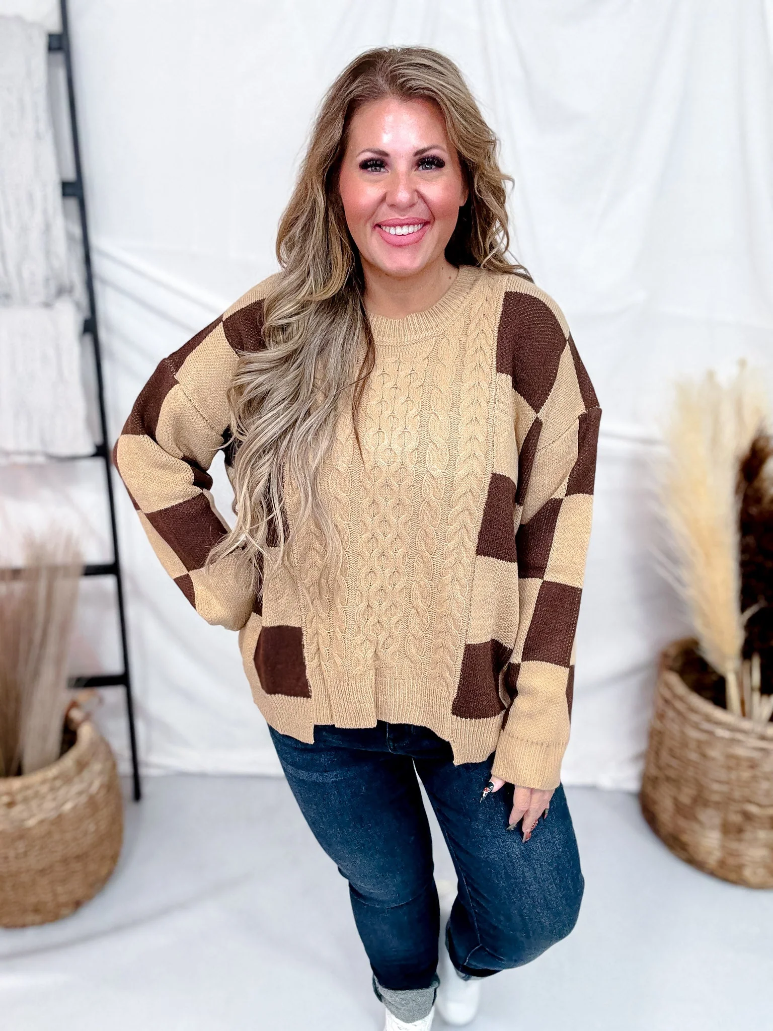 Cable Knit Sweater With Mocha Latte Checkerboard Pattern FINAL SALE - Image 7