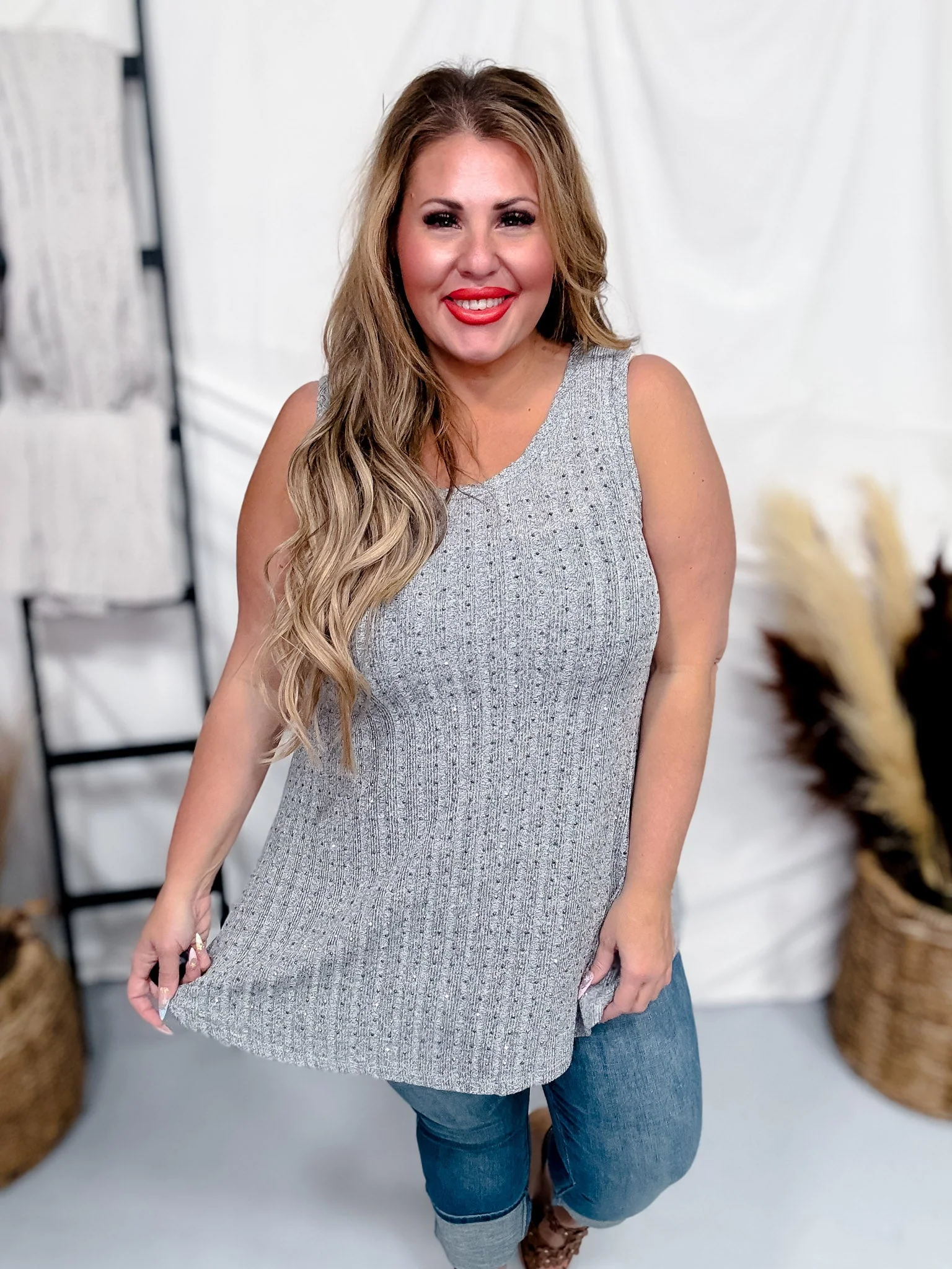 Charcoal Ribbed Knit Tank Top with Rhinestones FINAL SALE - Image 3
