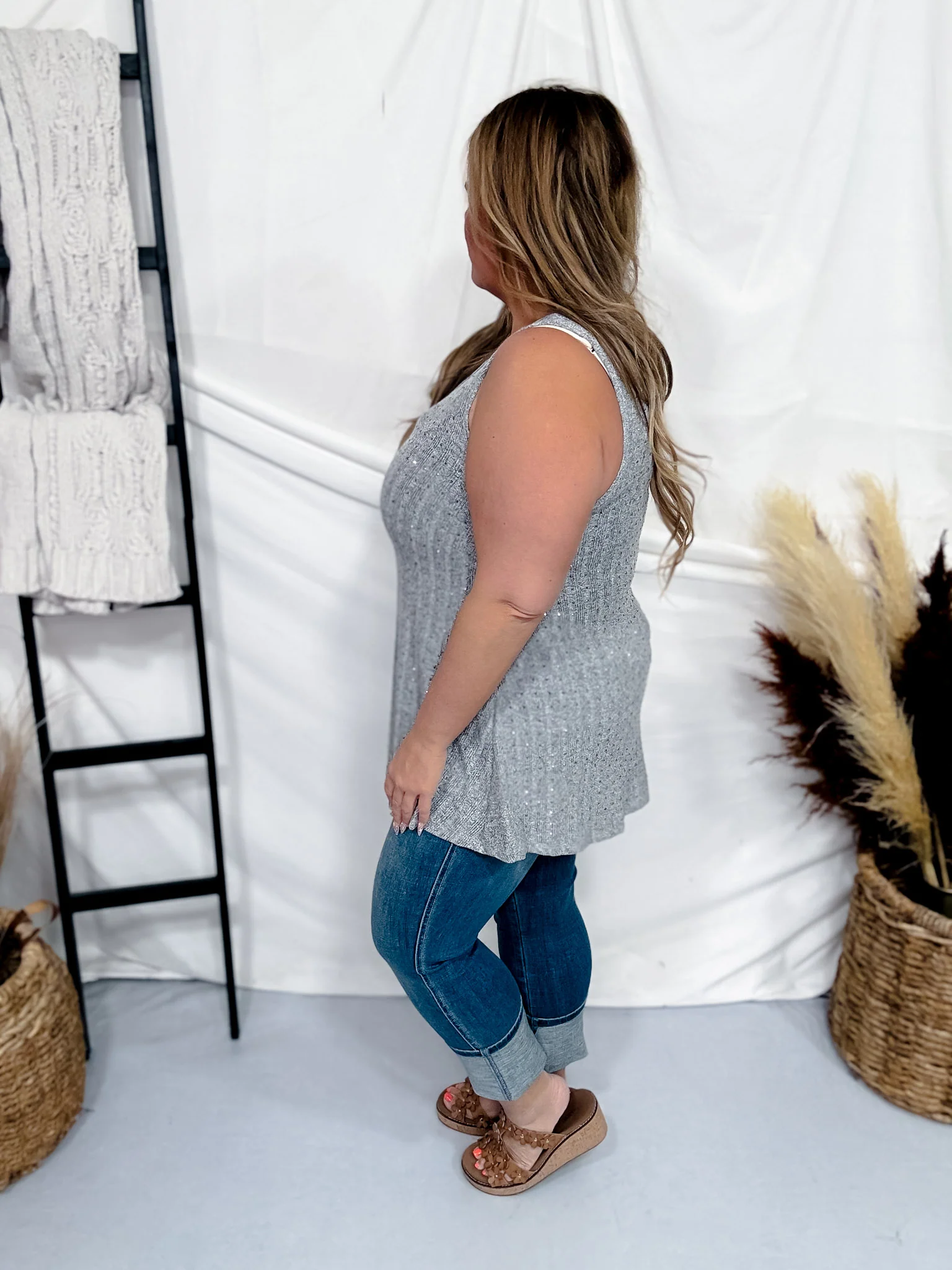 Charcoal Ribbed Knit Tank Top with Rhinestones FINAL SALE - Image 5