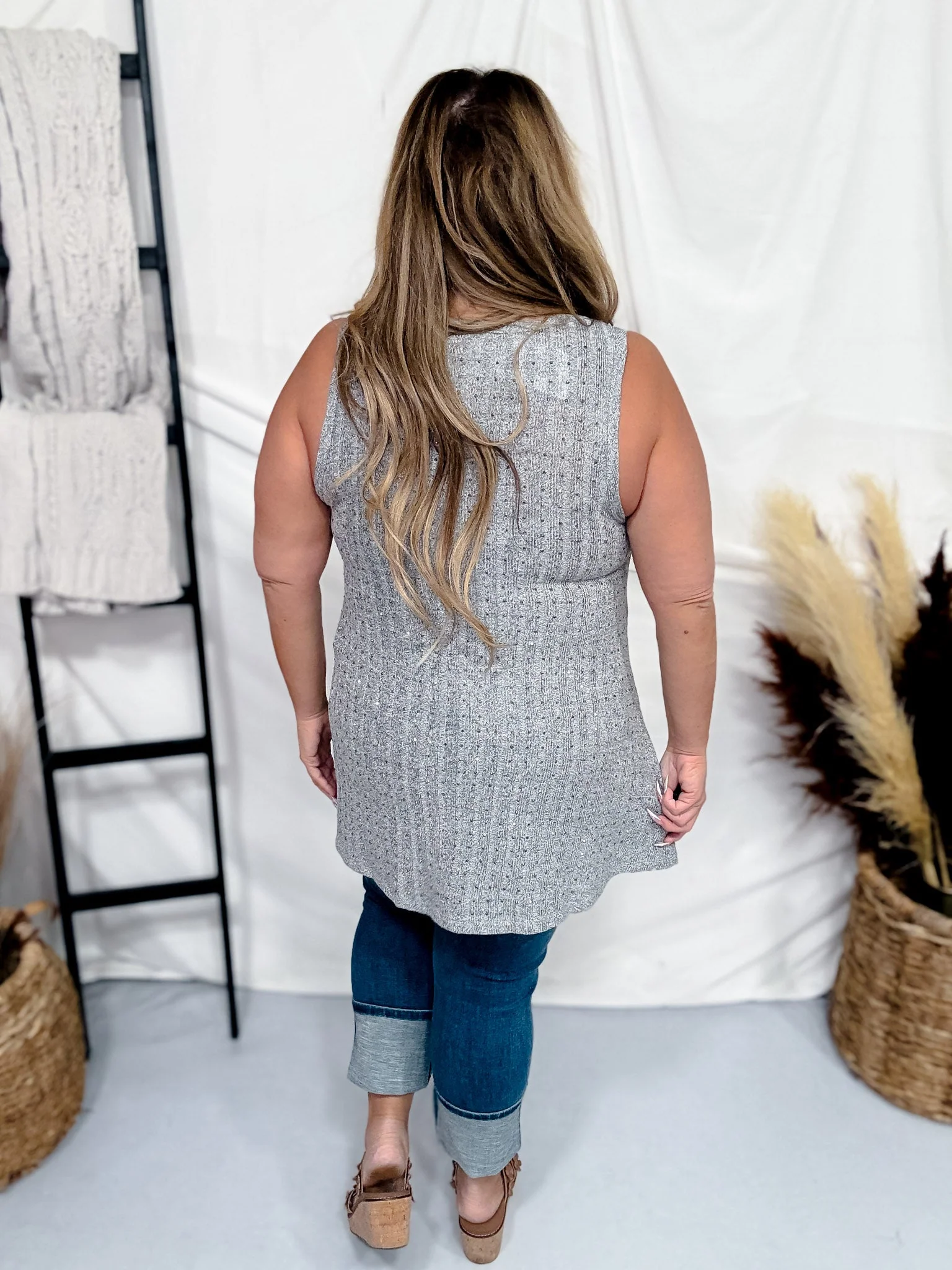 Charcoal Ribbed Knit Tank Top with Rhinestones FINAL SALE - Image 6