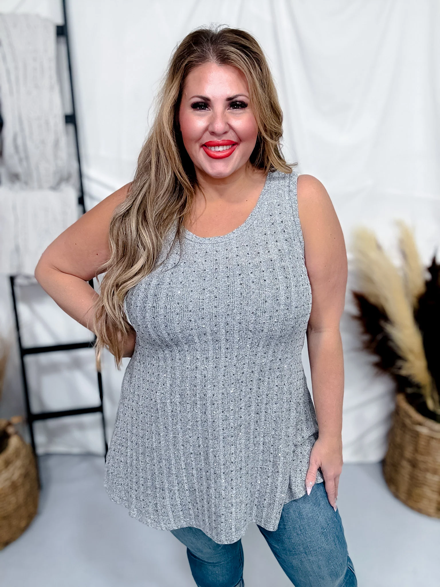 Charcoal Ribbed Knit Tank Top with Rhinestones FINAL SALE - Image 7
