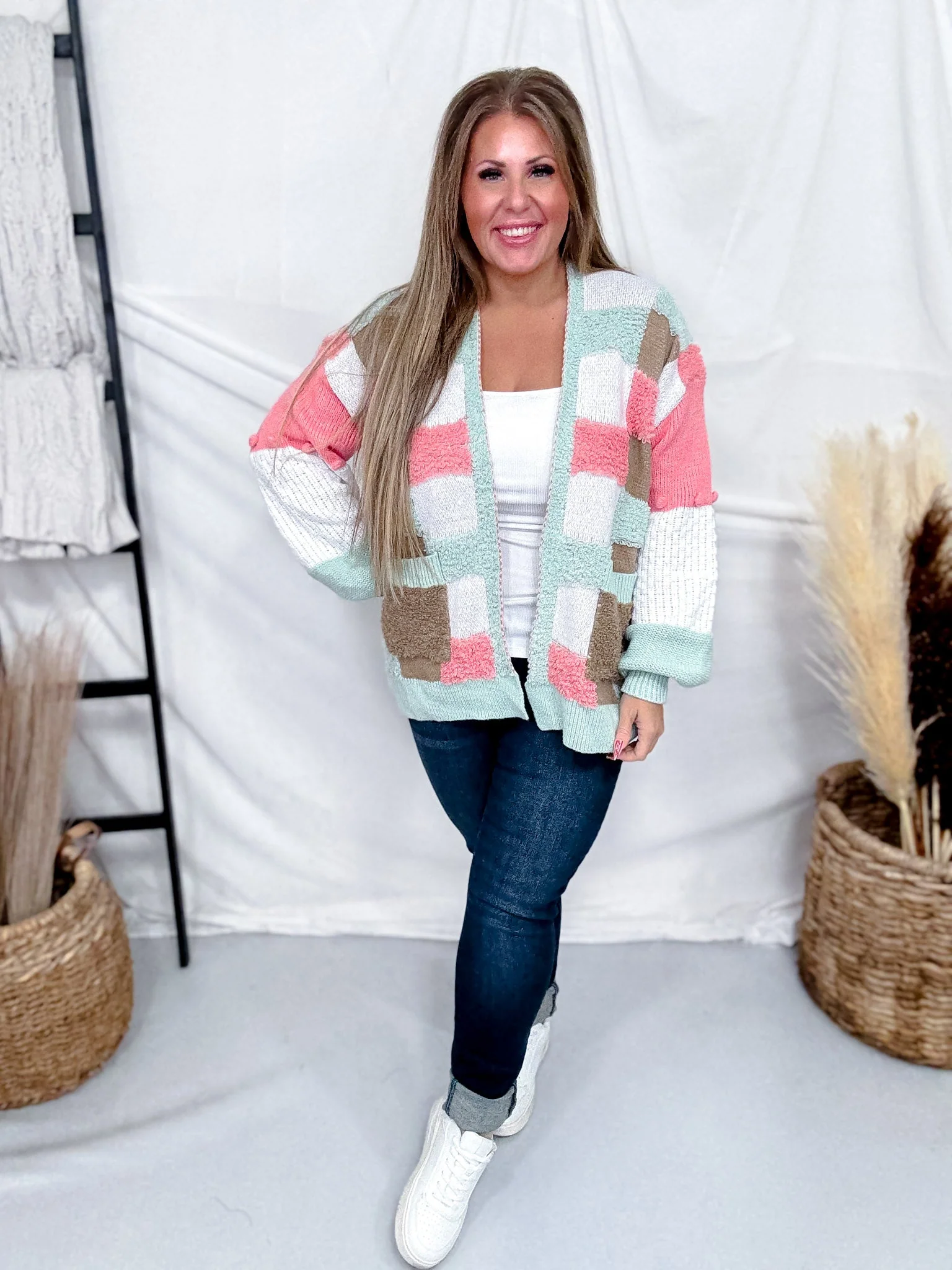 Checker Patch Design Soft Long Sleeve Cardigan - Image 2