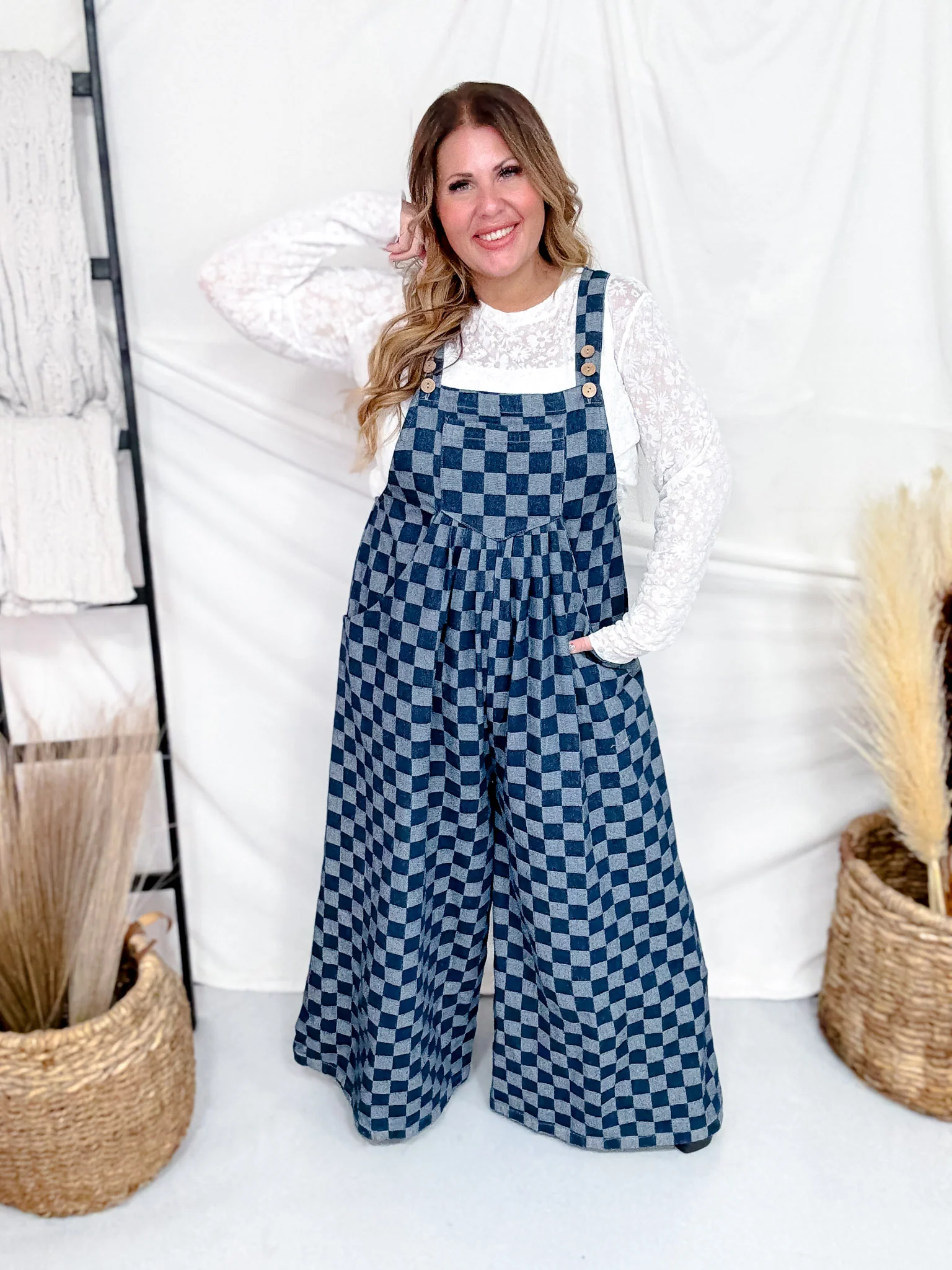 Checkered Denim Wide Leg Overalls FINAL SALE - Image 5