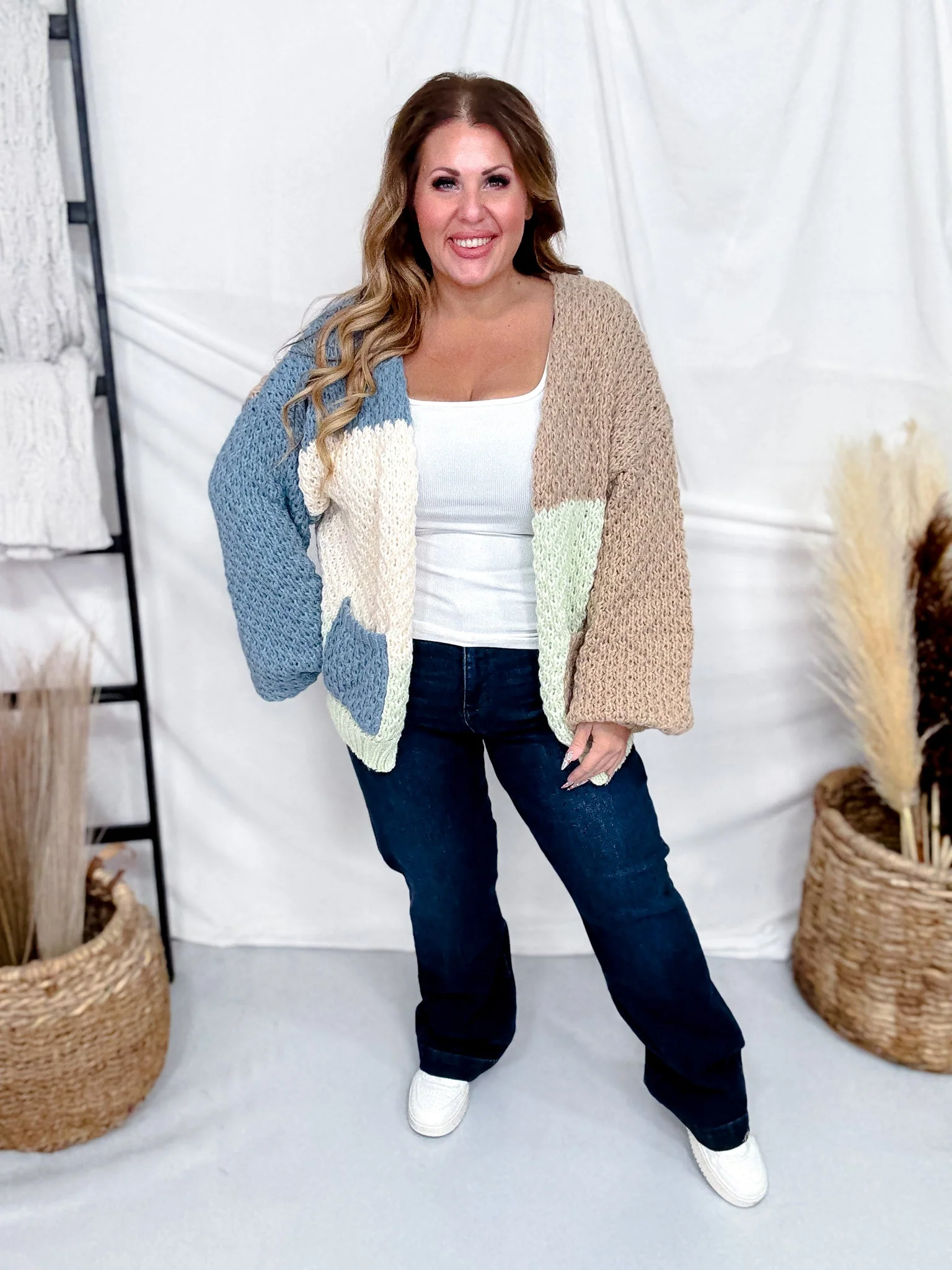Chunky Knit Mocha & Blue Colorblock Cardigan FINAL SALE - Image 3