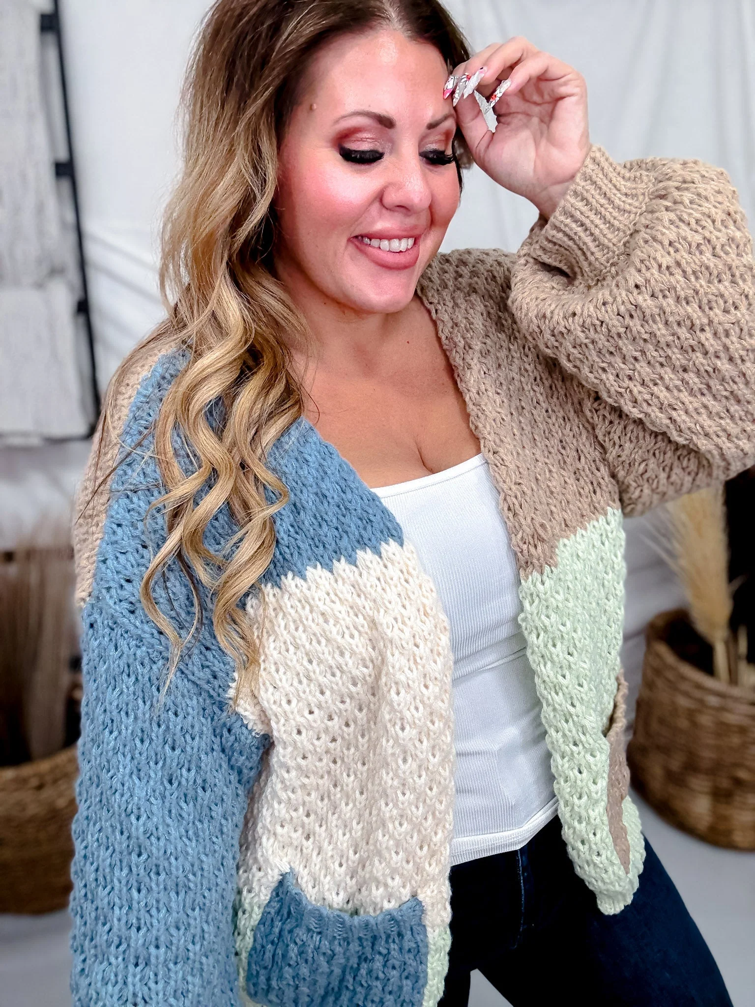 Chunky Knit Mocha & Blue Colorblock Cardigan FINAL SALE - Image 4