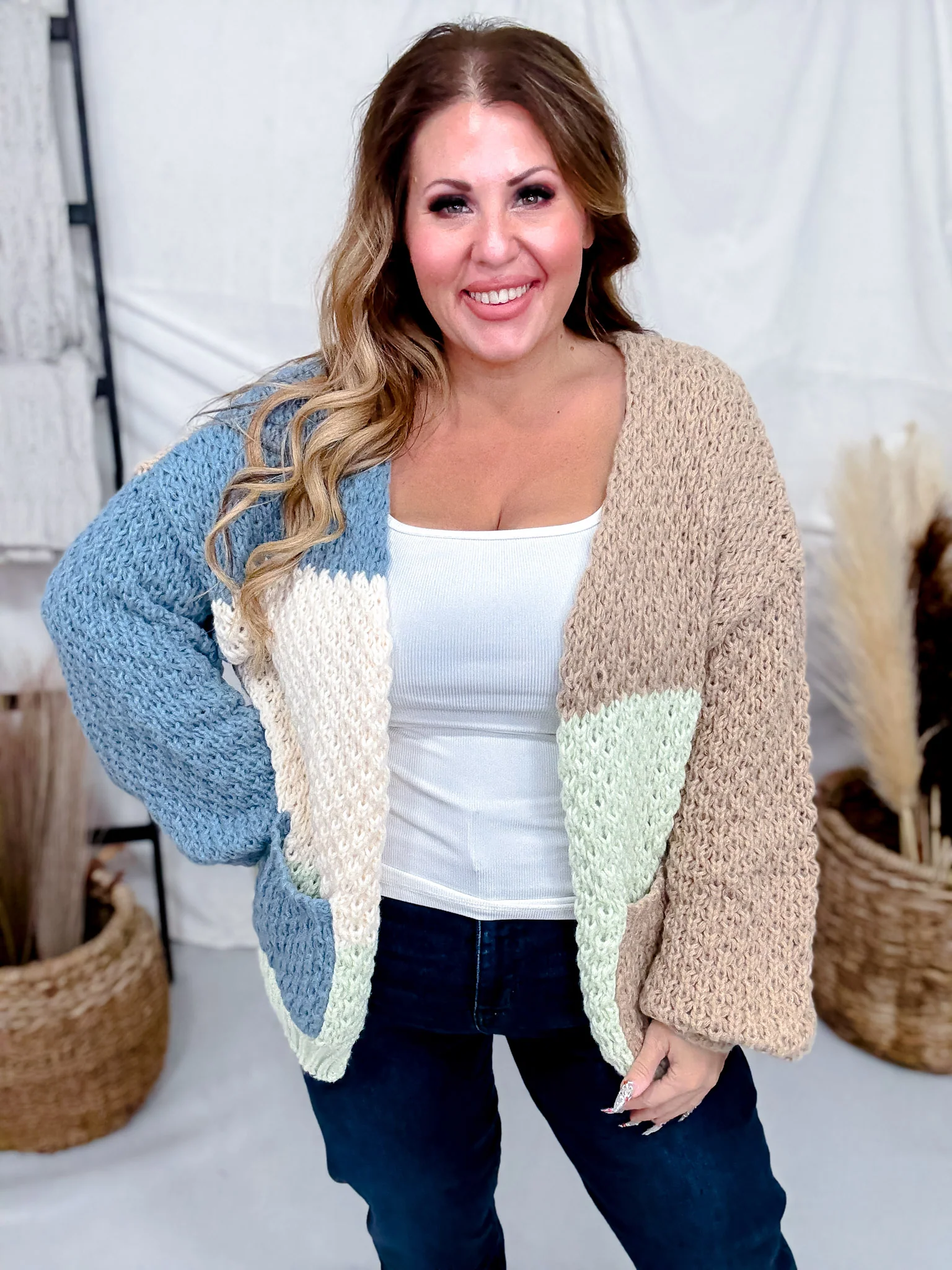 Chunky Knit Mocha & Blue Colorblock Cardigan FINAL SALE - Image 5