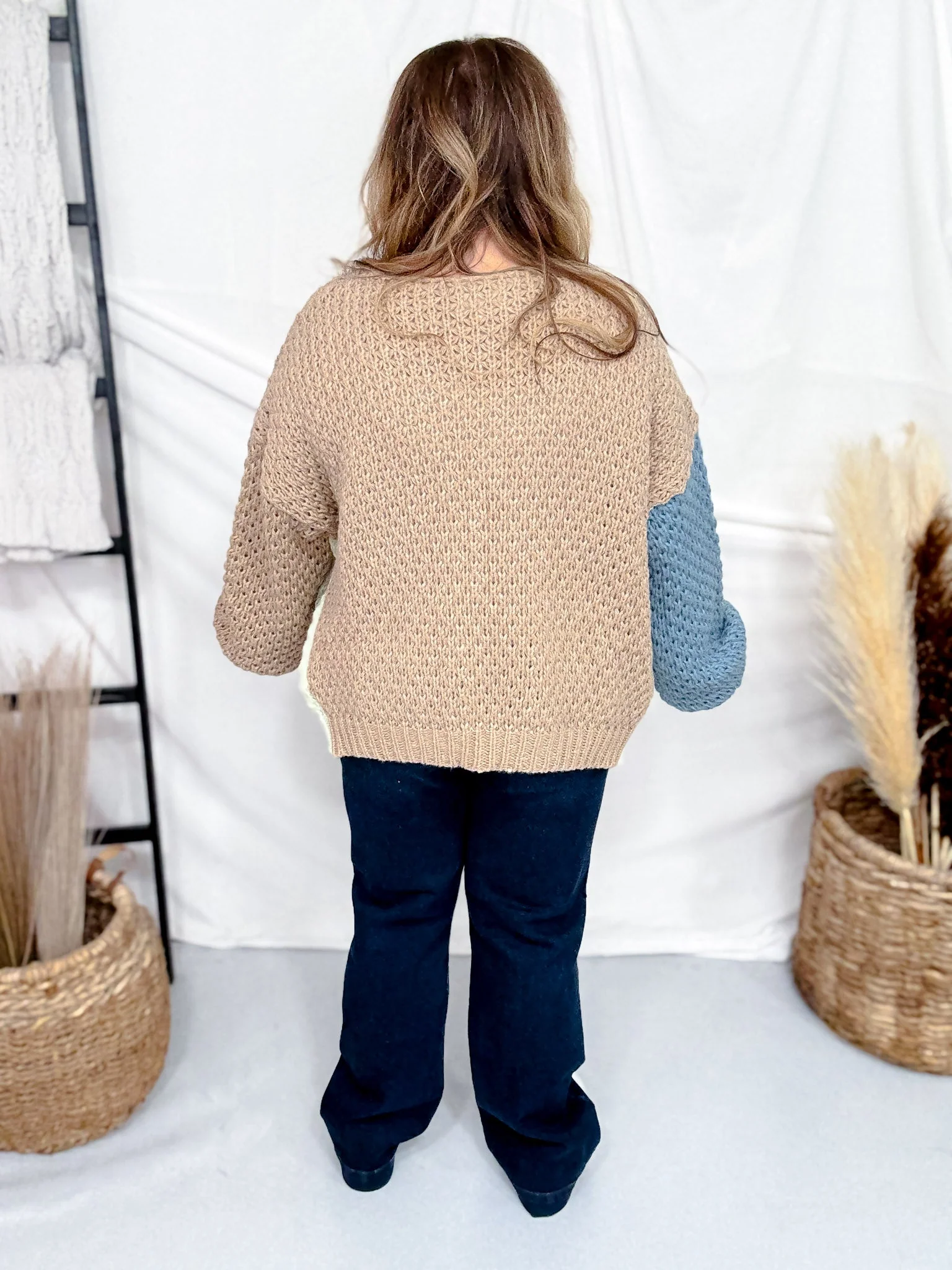 Chunky Knit Mocha & Blue Colorblock Cardigan FINAL SALE - Image 7
