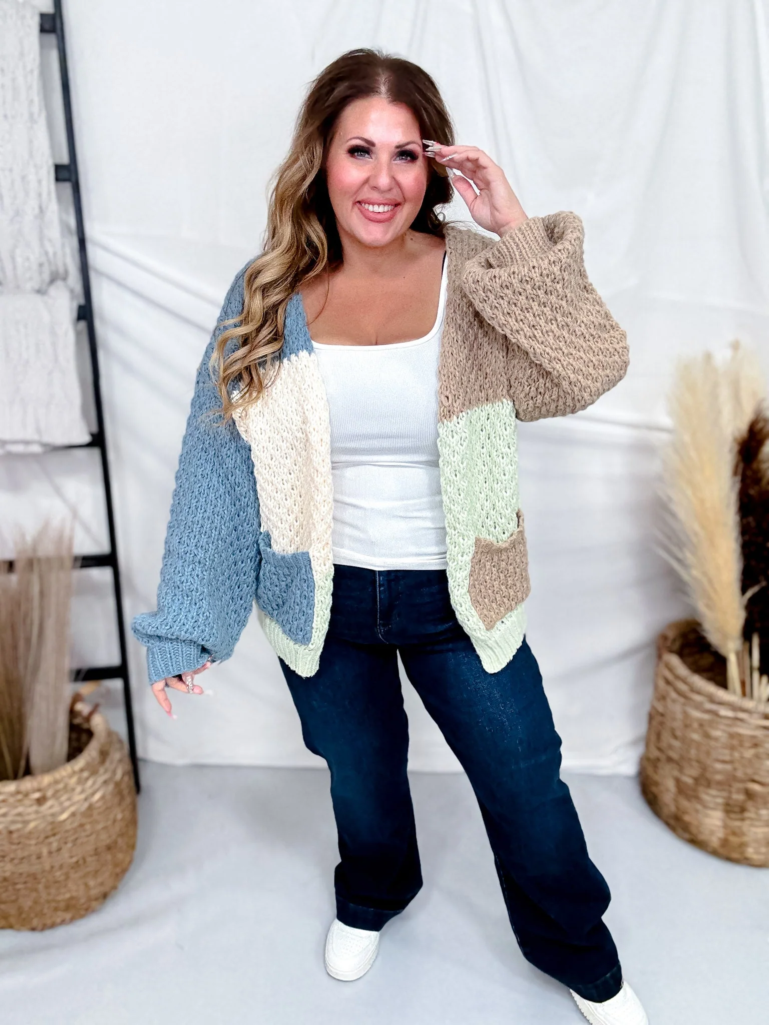 Chunky Knit Mocha & Blue Colorblock Cardigan FINAL SALE - Image 8