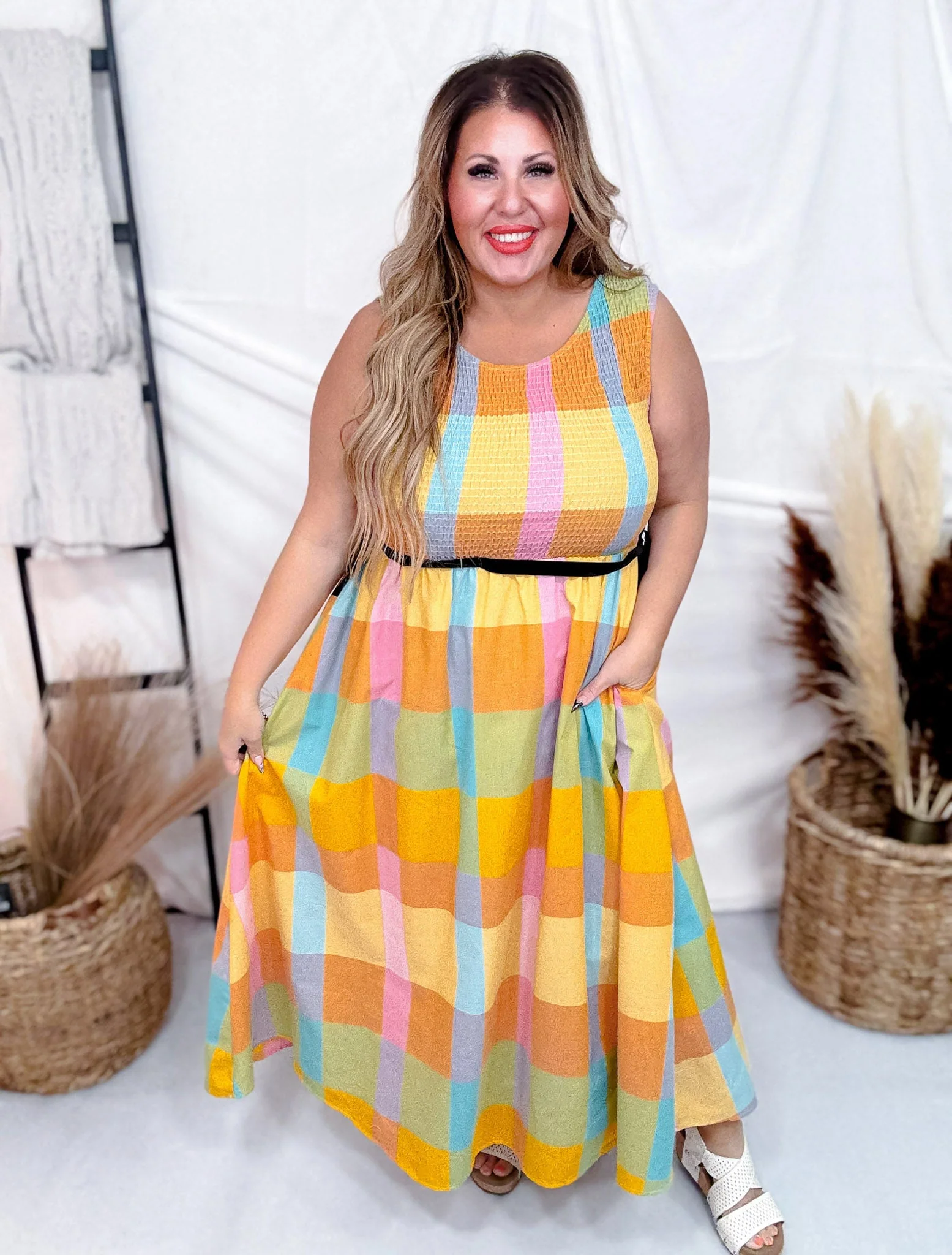 Colorful Checkered Midi Dress with Smocked Bodice FINAL SALE - Image 6