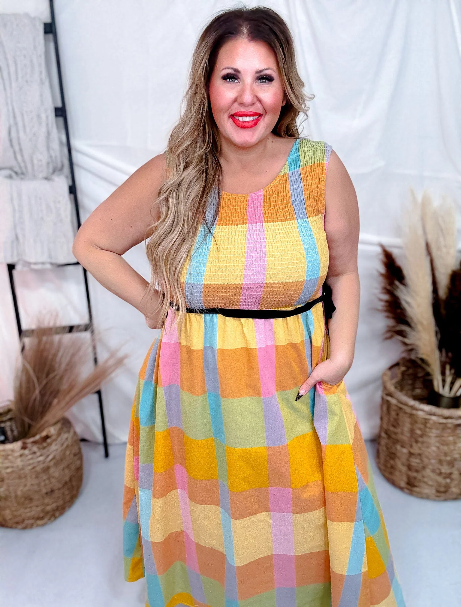 Colorful Checkered Midi Dress with Smocked Bodice FINAL SALE - Image 8