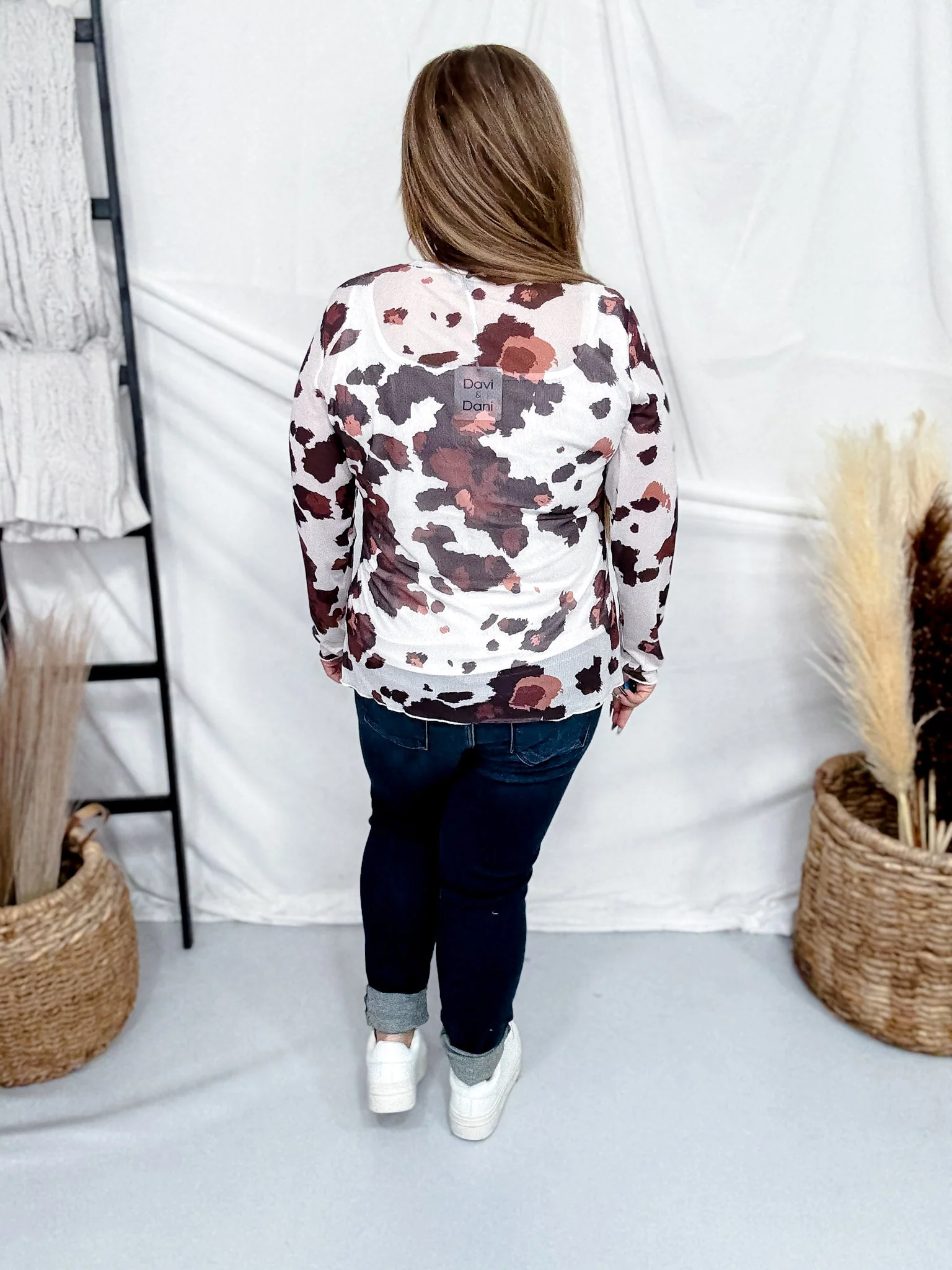 Cow Print Long Sleeve Mesh Top With Studded Horseshoe - Image 6