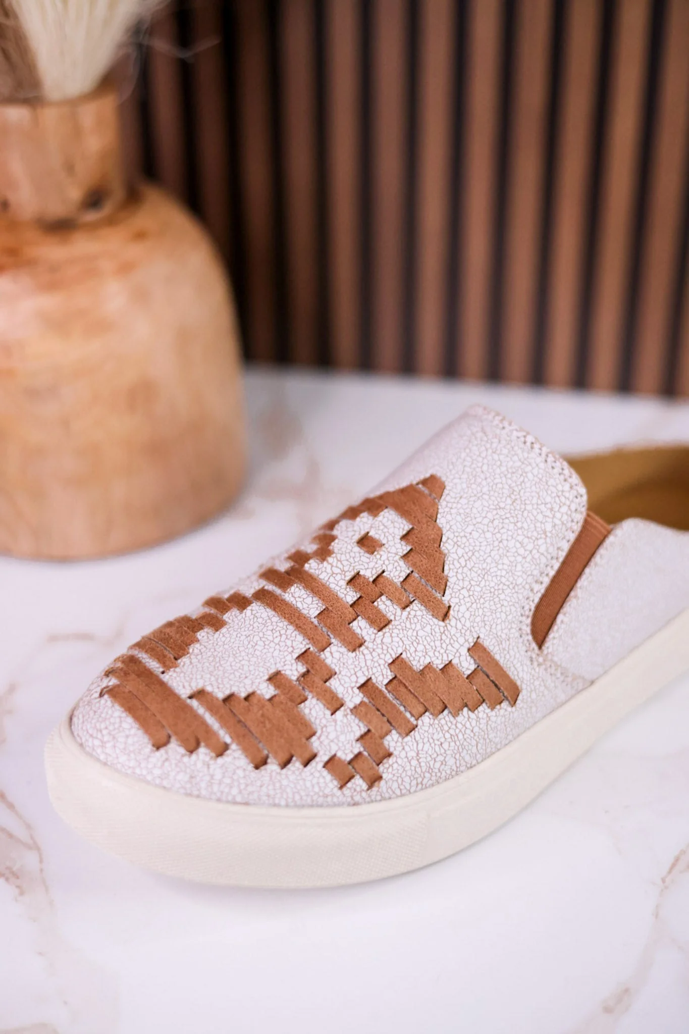 Cream Crackle "Marian" Slip On Mule Sneakers With Tan Aztec Pattern - Image 10