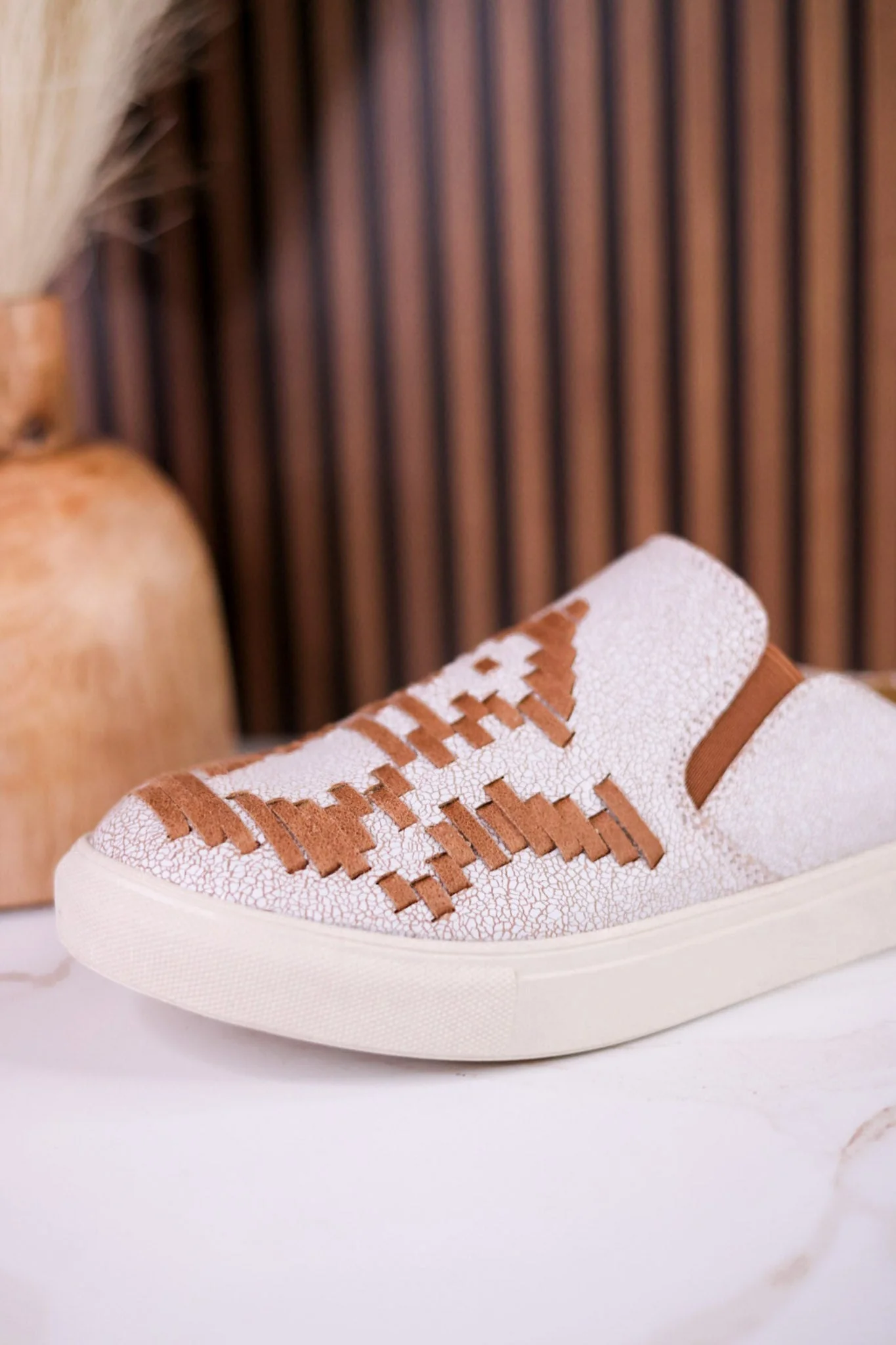 Cream Crackle "Marian" Slip On Mule Sneakers With Tan Aztec Pattern - Image 2