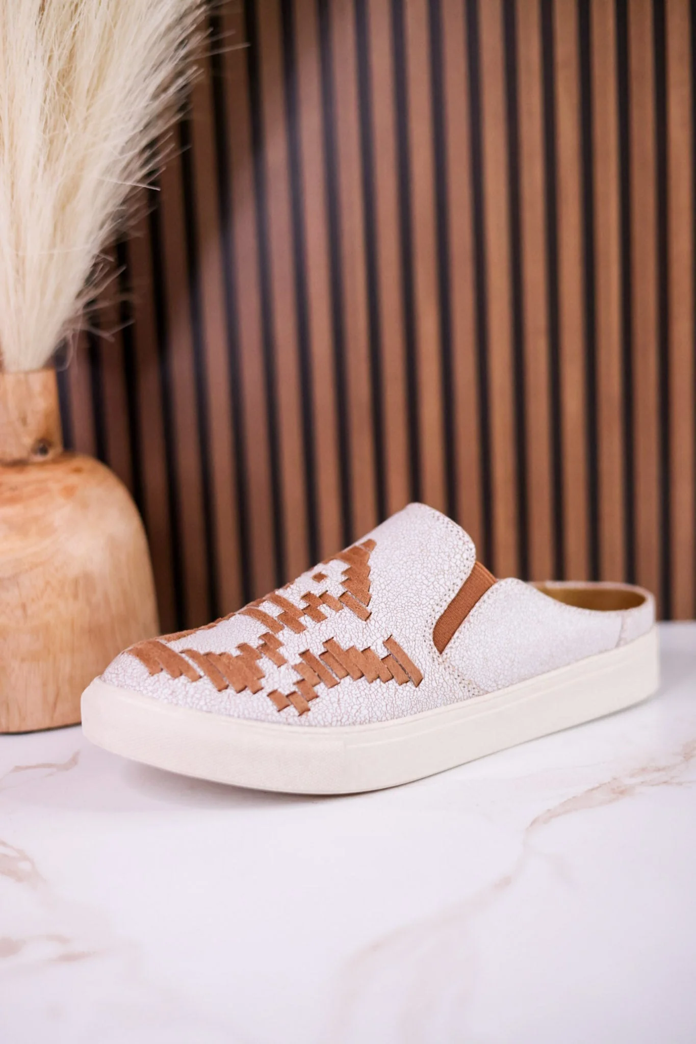 Cream Crackle "Marian" Slip On Mule Sneakers With Tan Aztec Pattern - Image 4