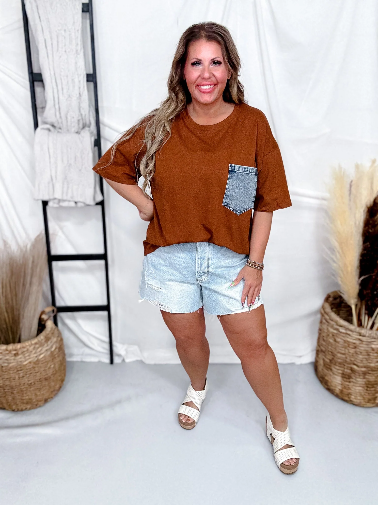 Crewneck Denim Pocket Brown Tunic Top FINAL SALE - Image 2