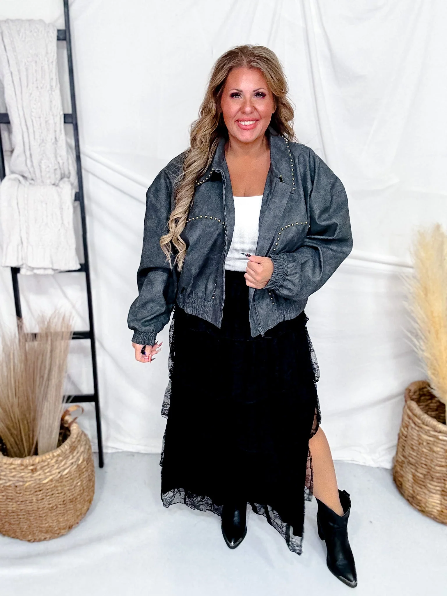 Cropped Black Faux Leather Jacket With Studs FINAL SALE - Image 3