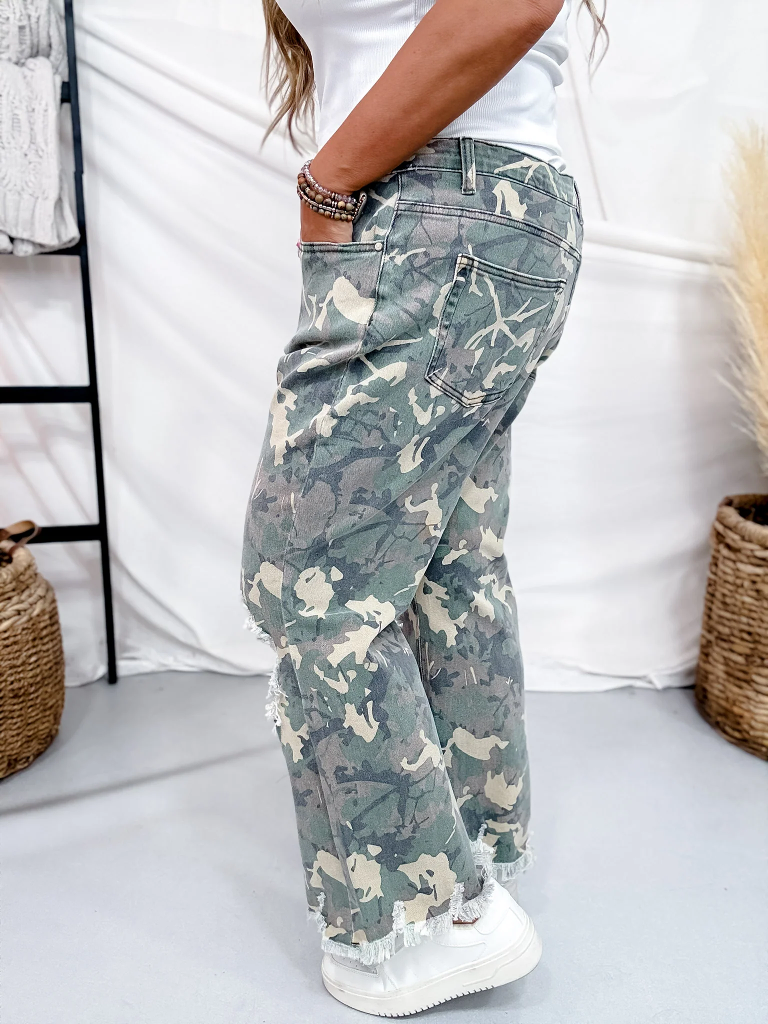 Cropped High Rise Distressed Camo Kreek Jeans FINAL SALE - Image 3
