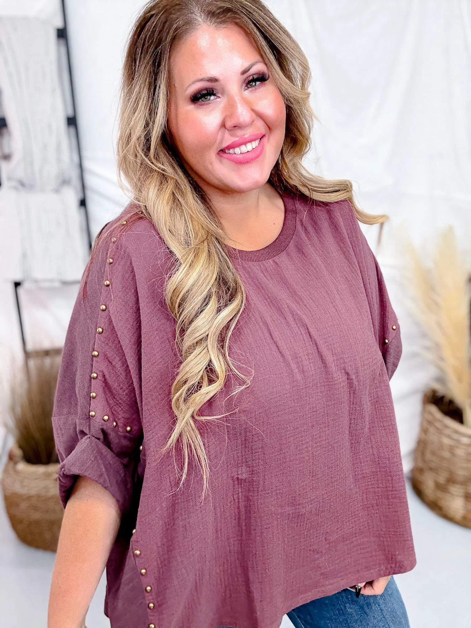 Dark Mauve Textured Short Sleeve Stud Embellished Hi-Lo Top FINAL SALE - Image 3