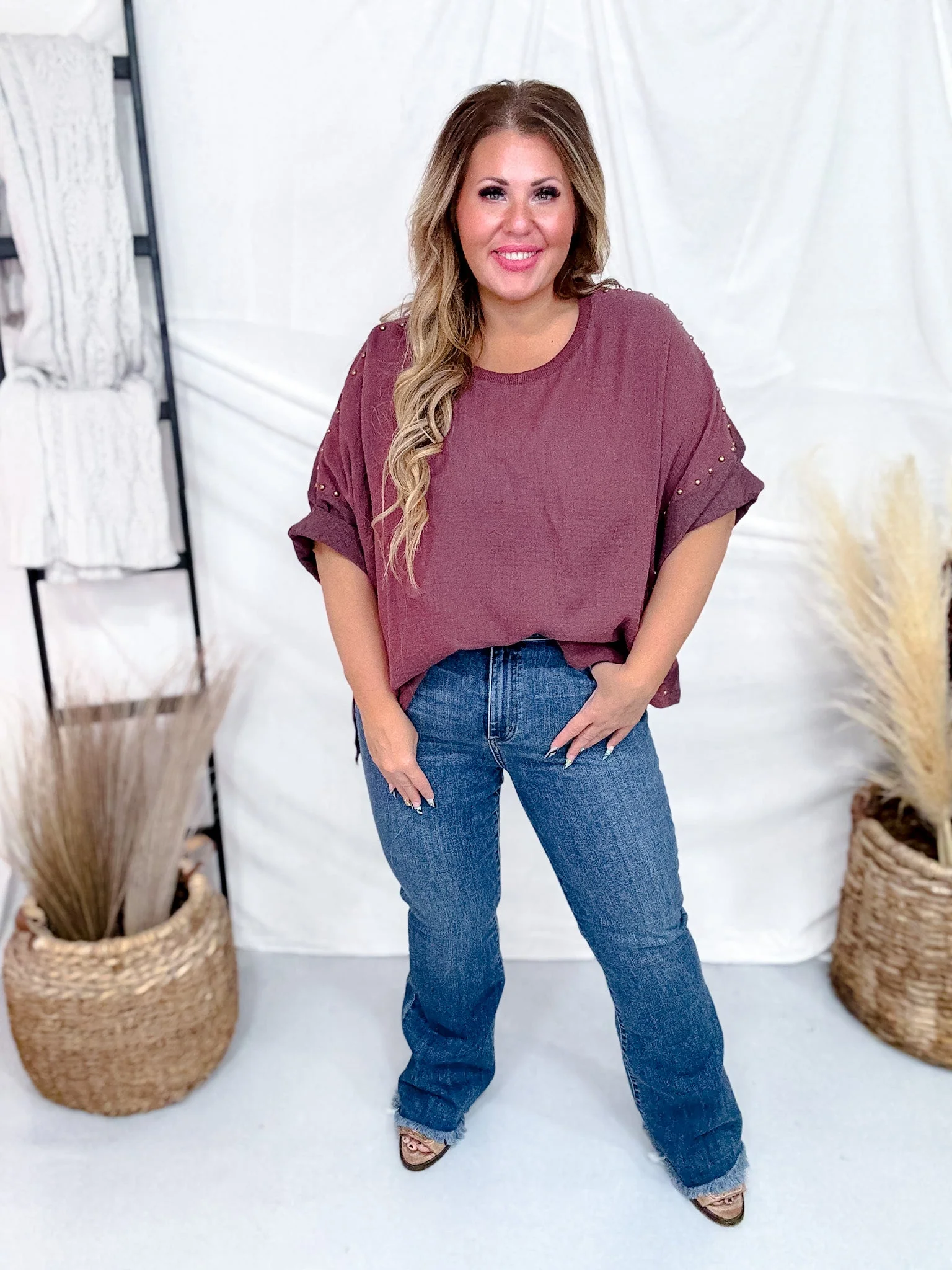 Dark Mauve Textured Short Sleeve Stud Embellished Hi-Lo Top FINAL SALE - Image 4