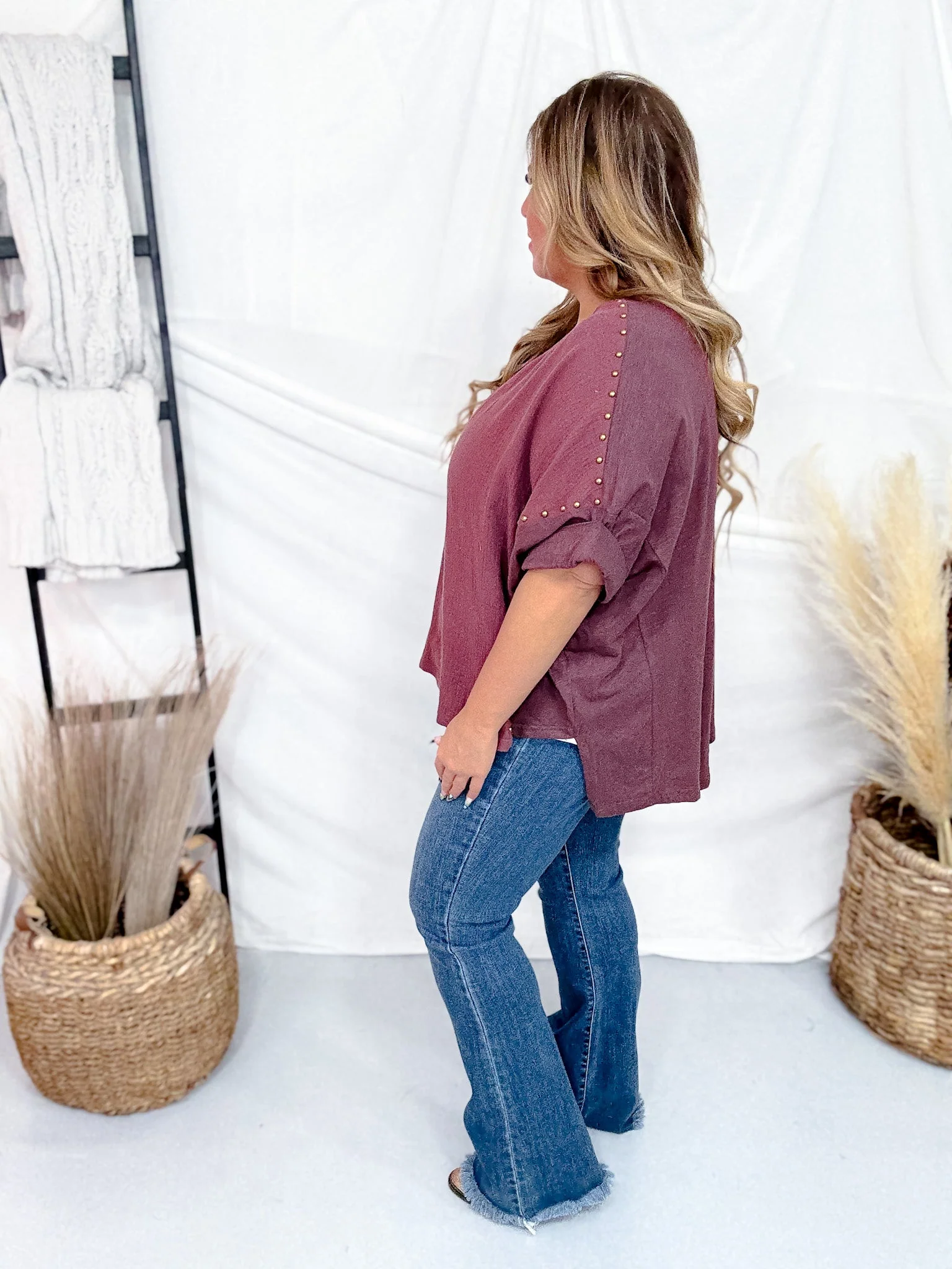 Dark Mauve Textured Short Sleeve Stud Embellished Hi-Lo Top FINAL SALE - Image 5