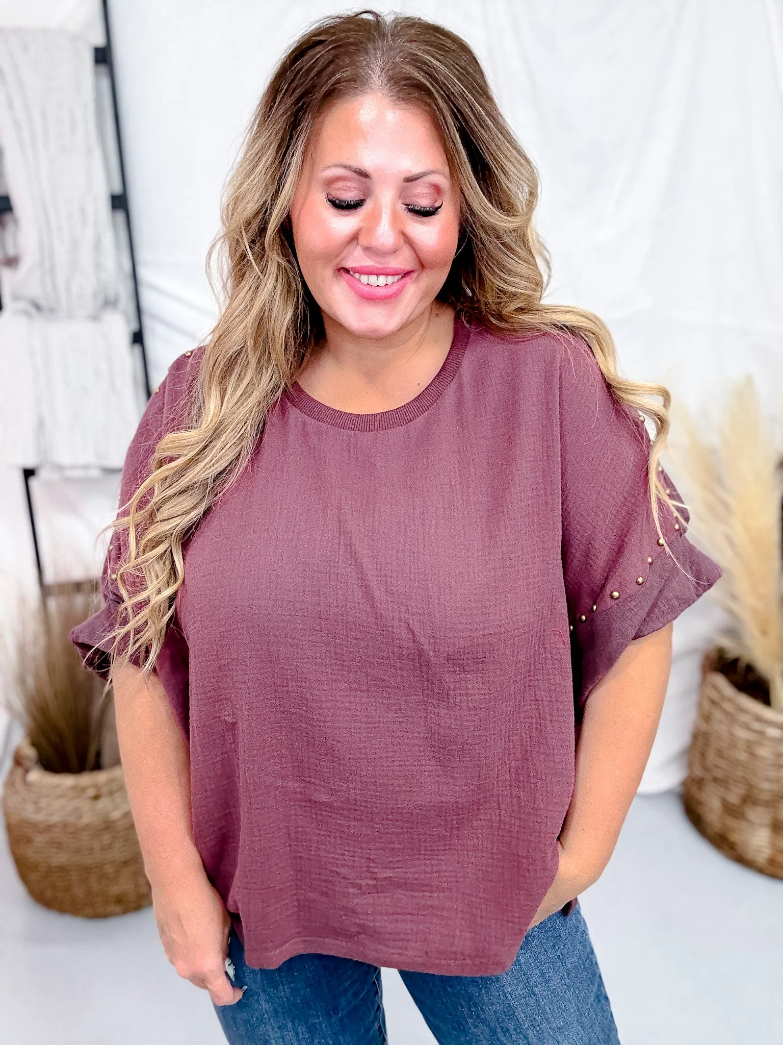 Dark Mauve Textured Short Sleeve Stud Embellished Hi-Lo Top FINAL SALE - Image 7