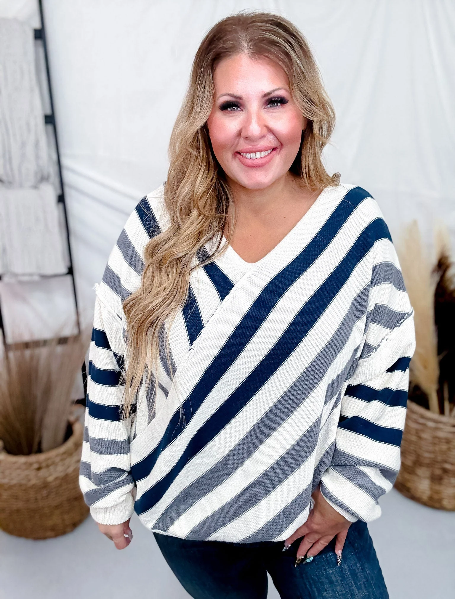 Diagonal Stripe V-Neck Sweater FINAL SALE - Image 3