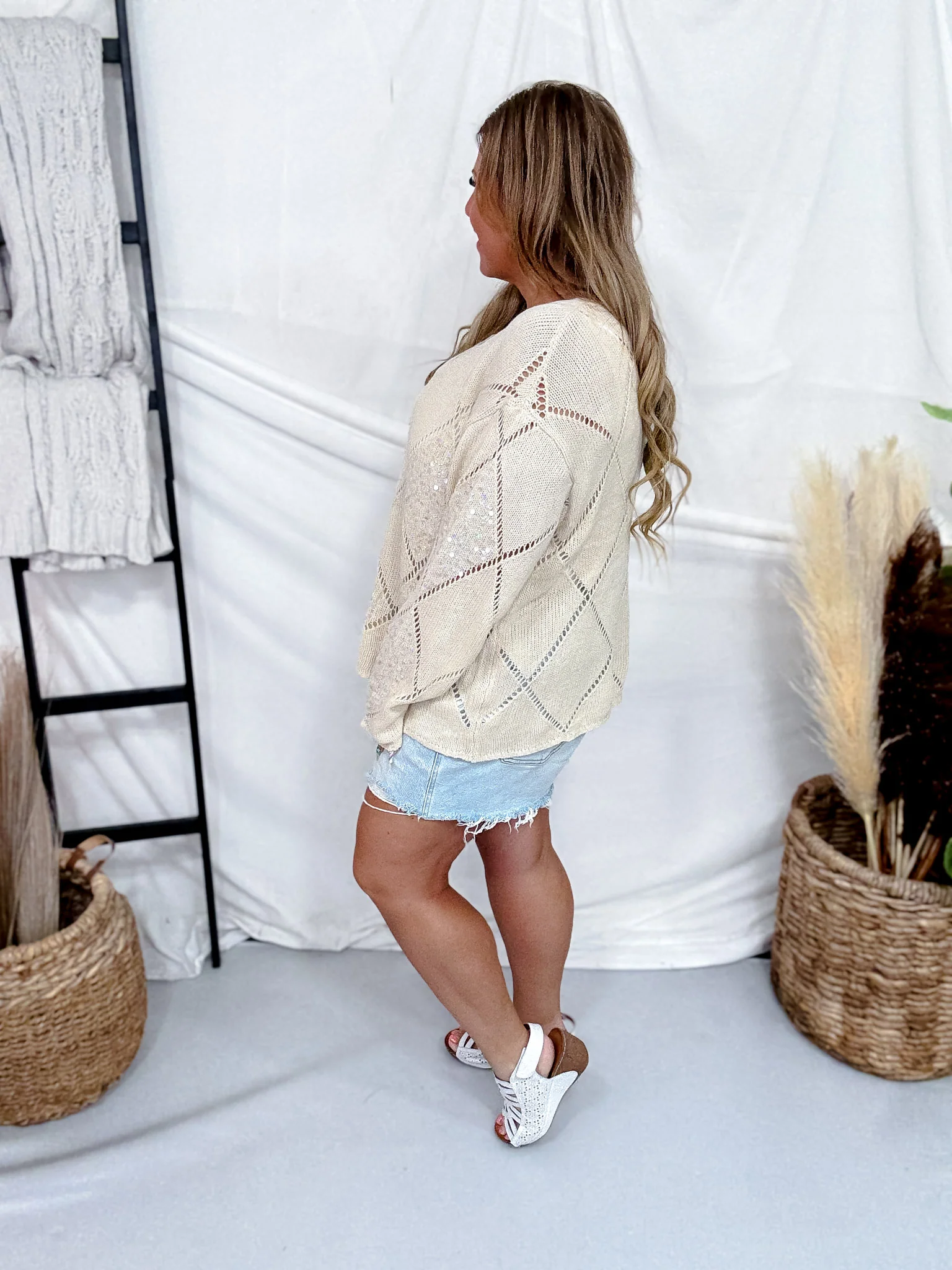 Diamond Patterned Knit Sweater With Sequin Accents - Image 6