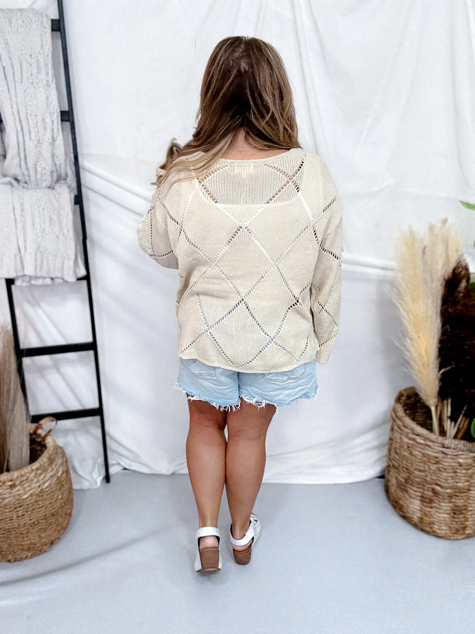 Diamond Patterned Knit Sweater With Sequin Accents - Image 7