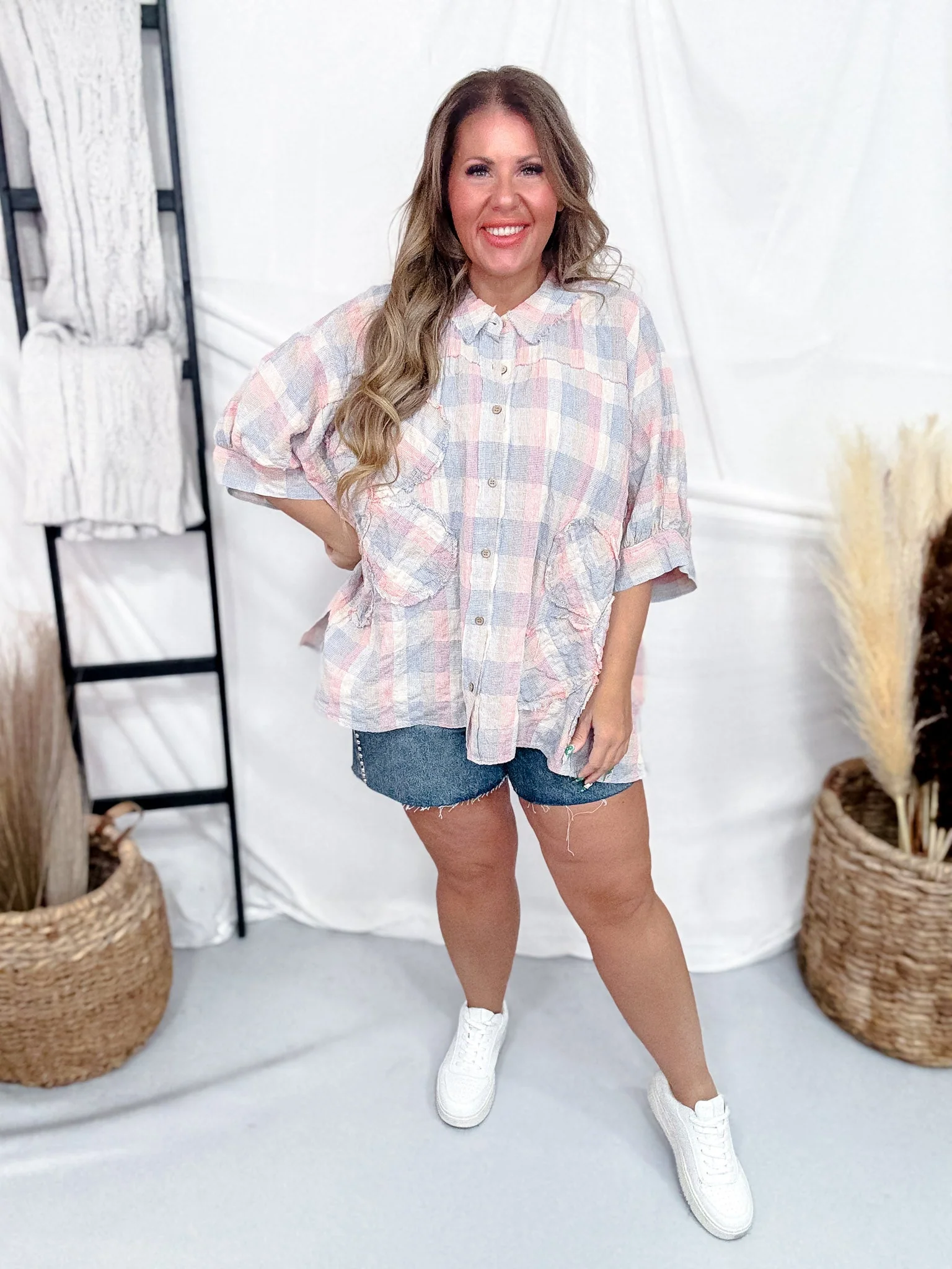 Dolman Sleeve Daisy Patch Washed Plaid Shirt FINAL SALE - Image 8