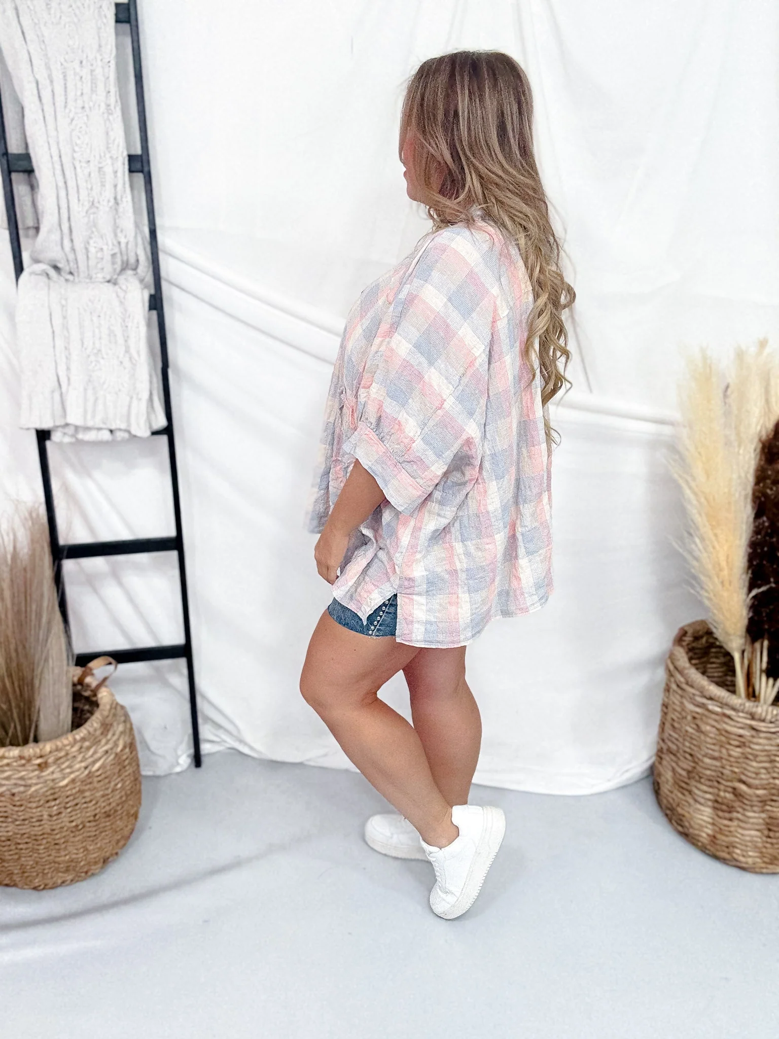 Dolman Sleeve Daisy Patch Washed Plaid Shirt FINAL SALE - Image 9
