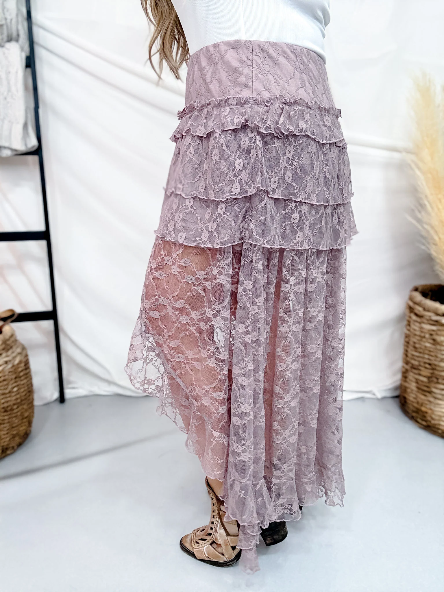 Dusty Lavender Lace Tiered Maxi Skirt - Image 5