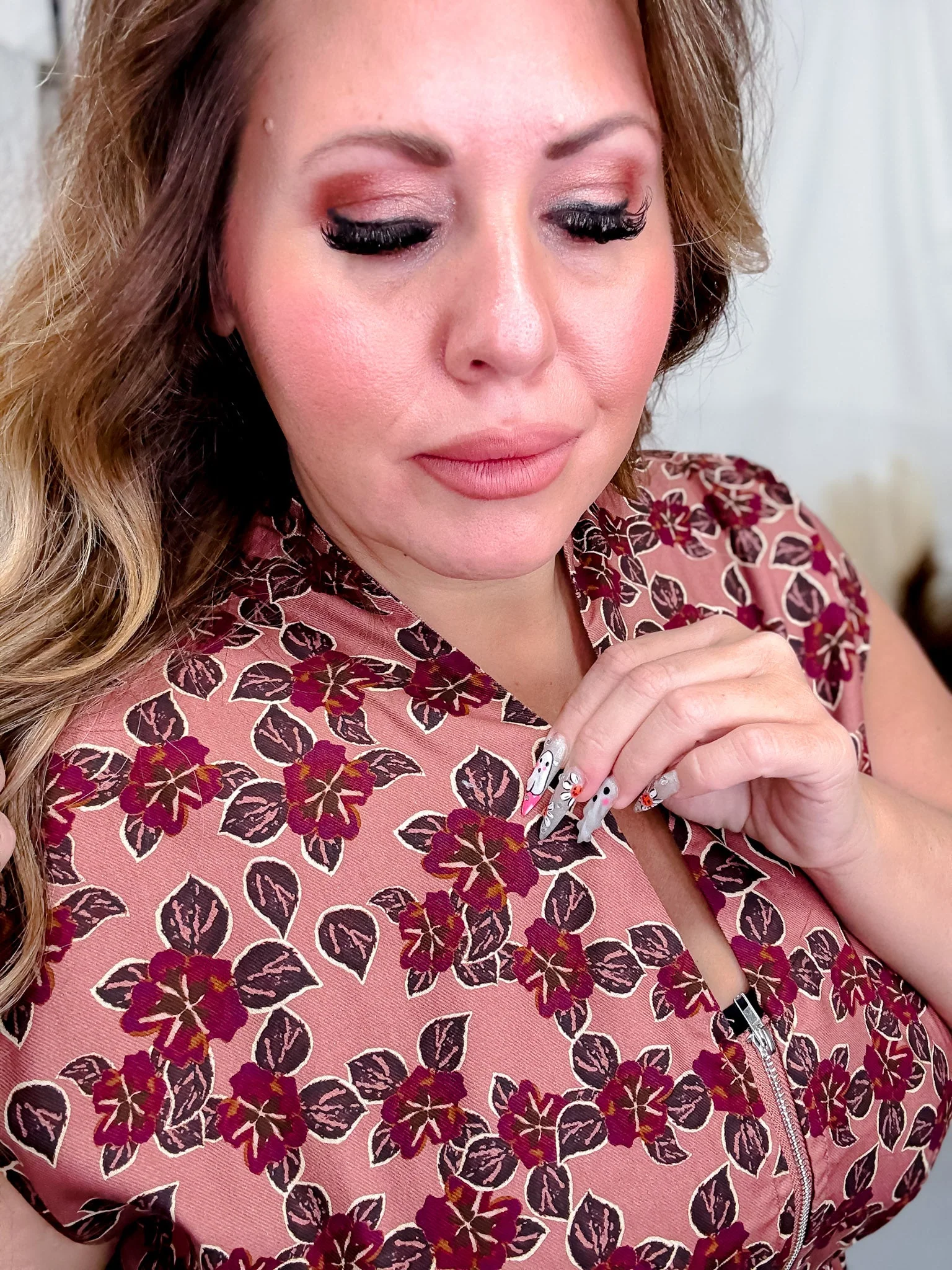 Dusty Rose & Wine Floral Print Zip Front Midi Dress FINAL SALE - Image 4