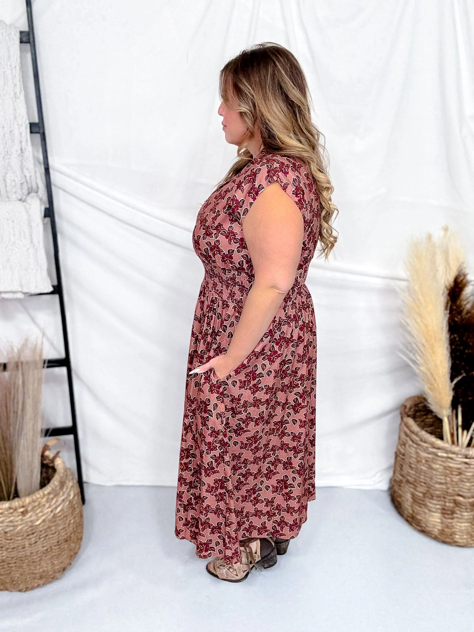 Dusty Rose & Wine Floral Print Zip Front Midi Dress FINAL SALE - Image 7