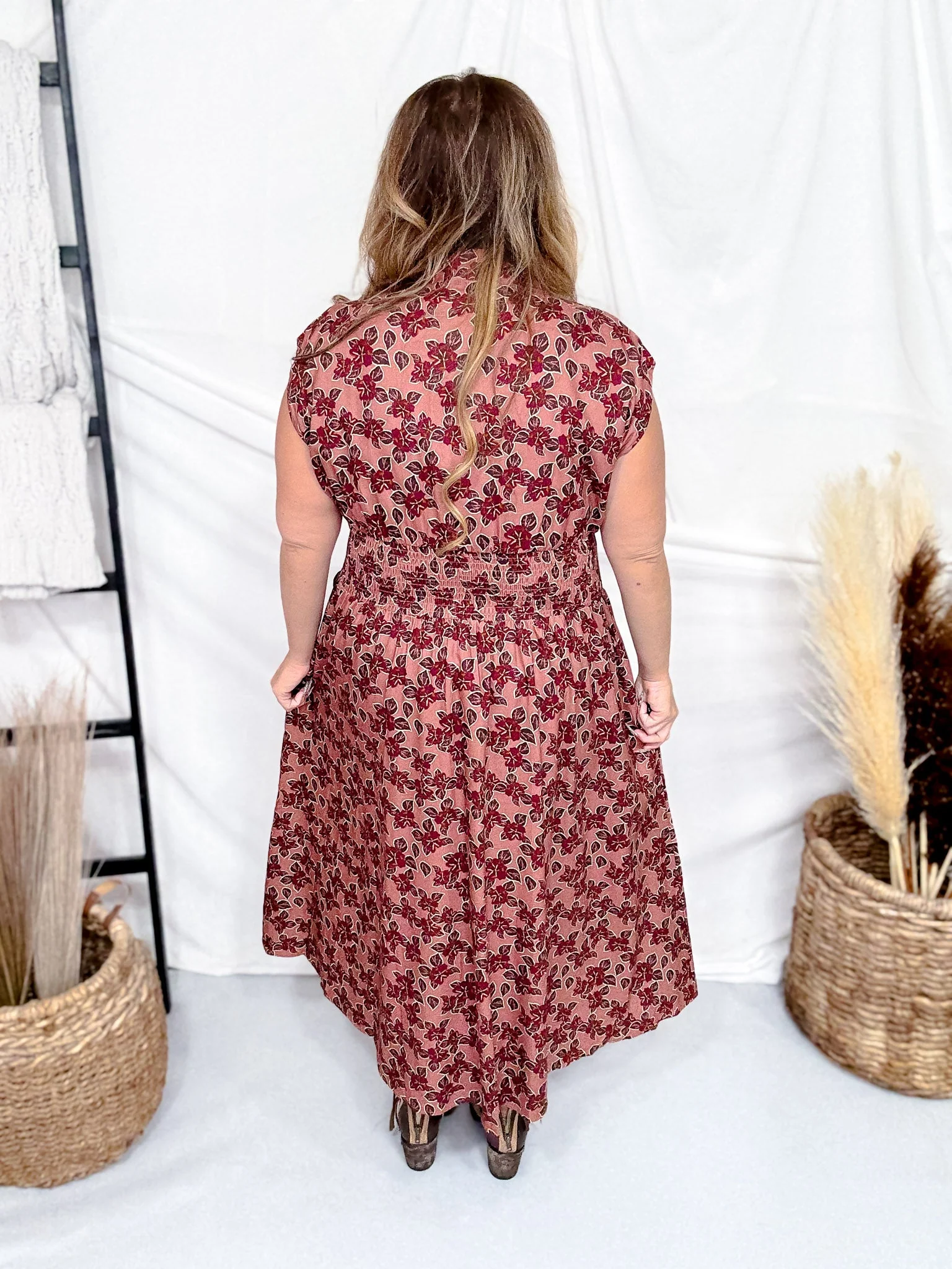 Dusty Rose & Wine Floral Print Zip Front Midi Dress FINAL SALE - Image 8