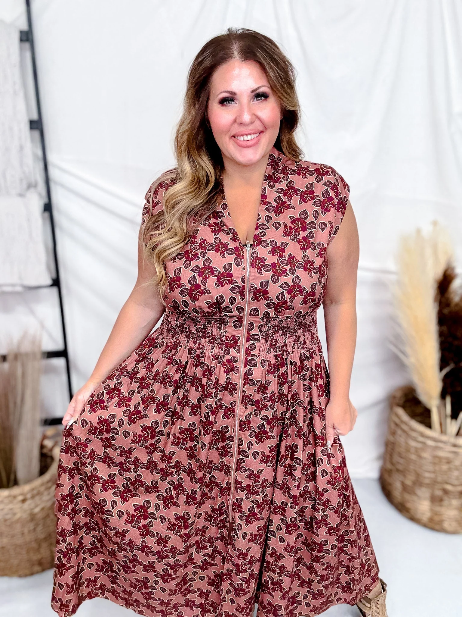 Dusty Rose & Wine Floral Print Zip Front Midi Dress FINAL SALE - Image 9