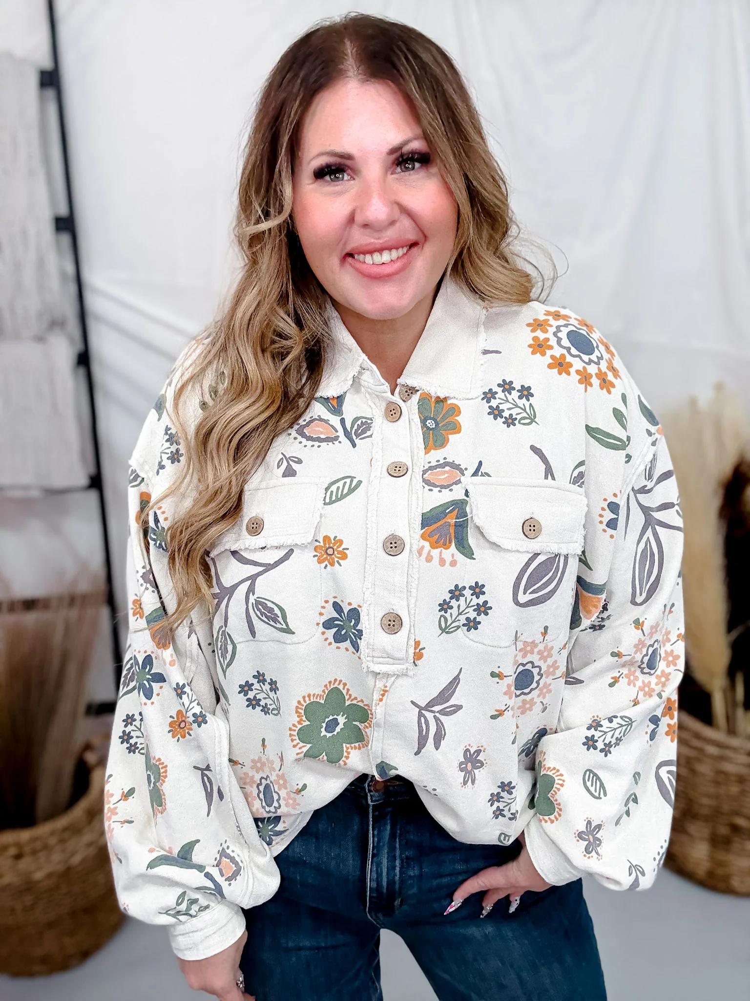 Floral Print Washed Terry Half Button Down Shirt FINAL SALE
