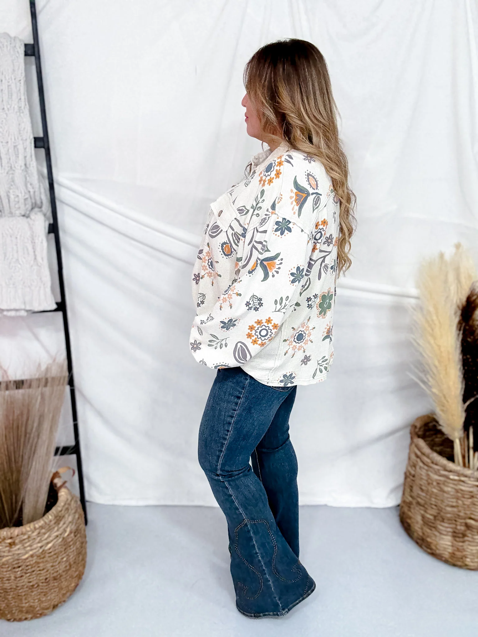Floral Print Washed Terry Half Button Down Shirt FINAL SALE - Image 6