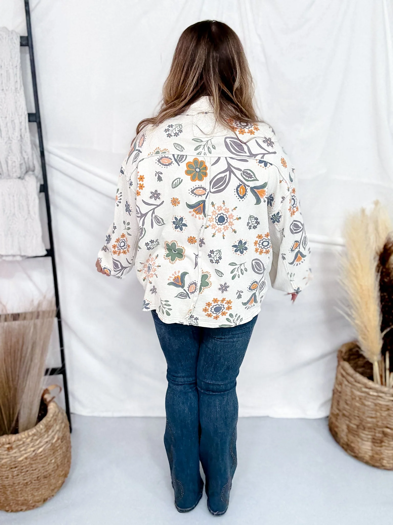 Floral Print Washed Terry Half Button Down Shirt FINAL SALE - Image 7