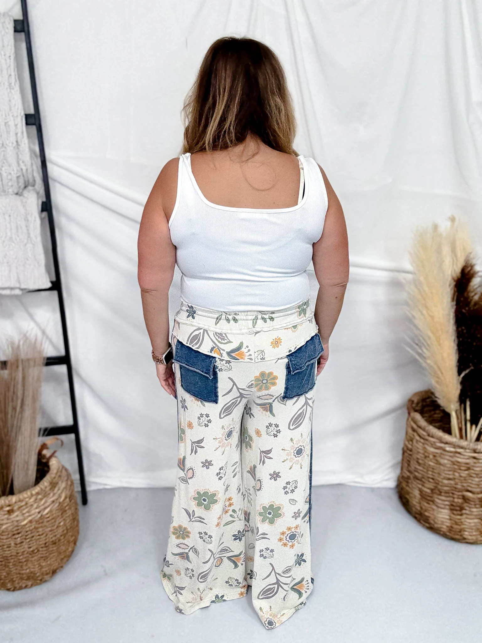 Floral Print Wide Leg Pants With Denim Patch Pockets FINAL SALE - Image 5