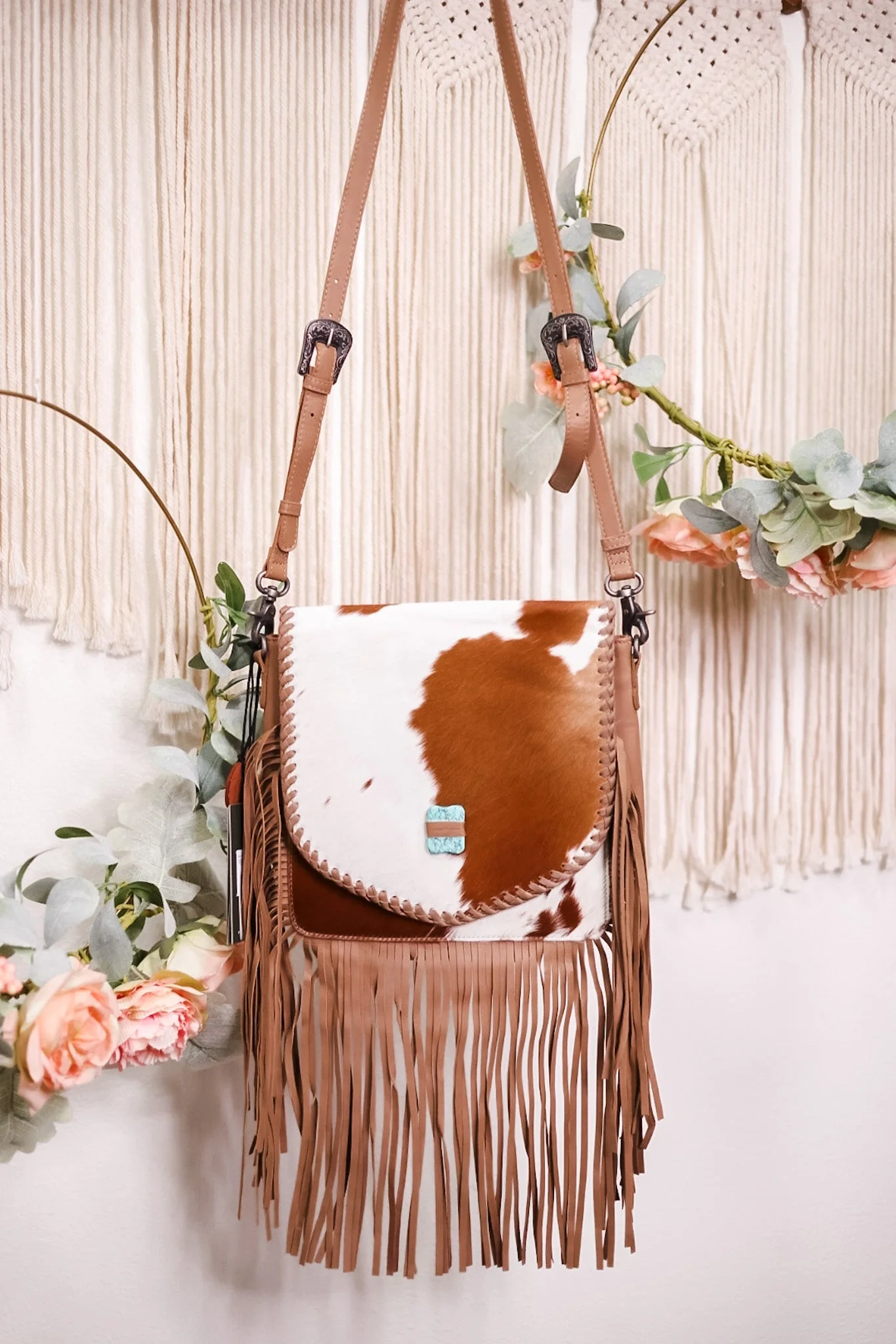 Fringed Leather and Hair On Hide Bag with Turquoise Accent Stone FINAL SALE - Image 6