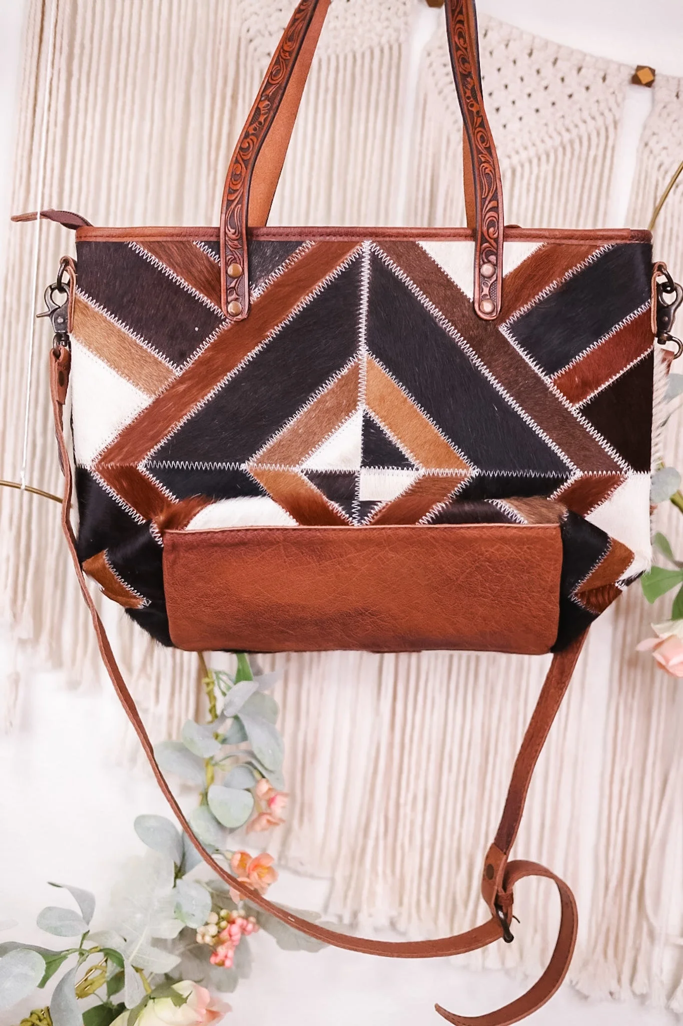 Geometric Patterned Leather and Cowhide Tote Bag FINAL SALE - Image 4