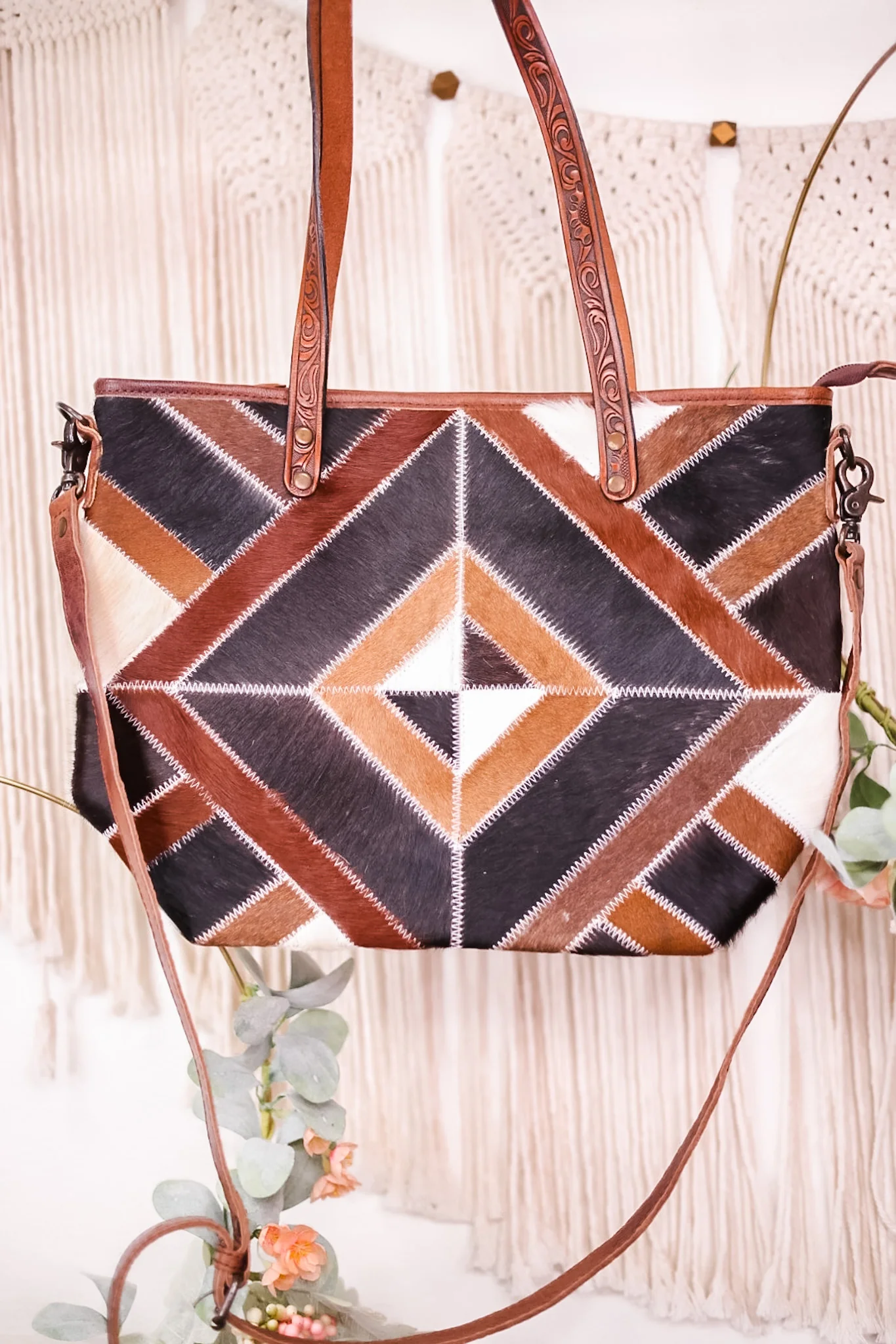 Geometric Patterned Leather and Cowhide Tote Bag FINAL SALE - Image 7