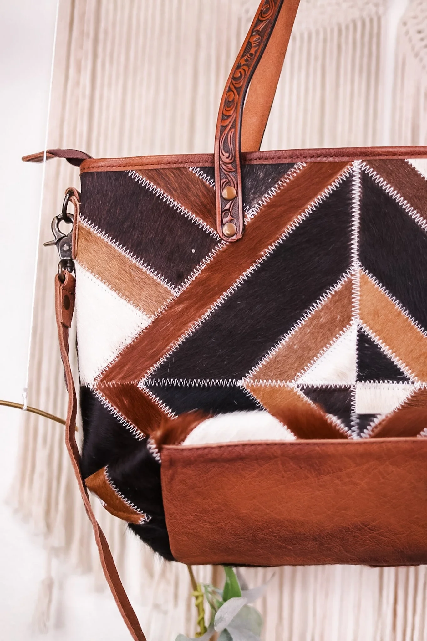 Geometric Patterned Leather and Cowhide Tote Bag FINAL SALE - Image 8