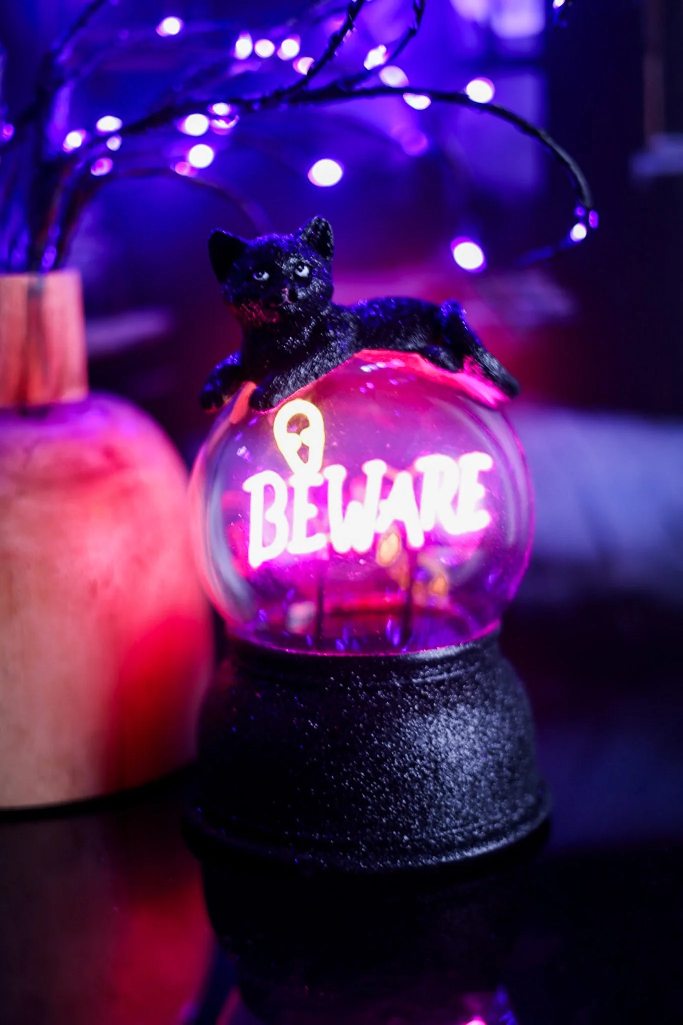 Glittering Black Cat Globe With Neon "Beware" Sign FINAL SALE - Image 3