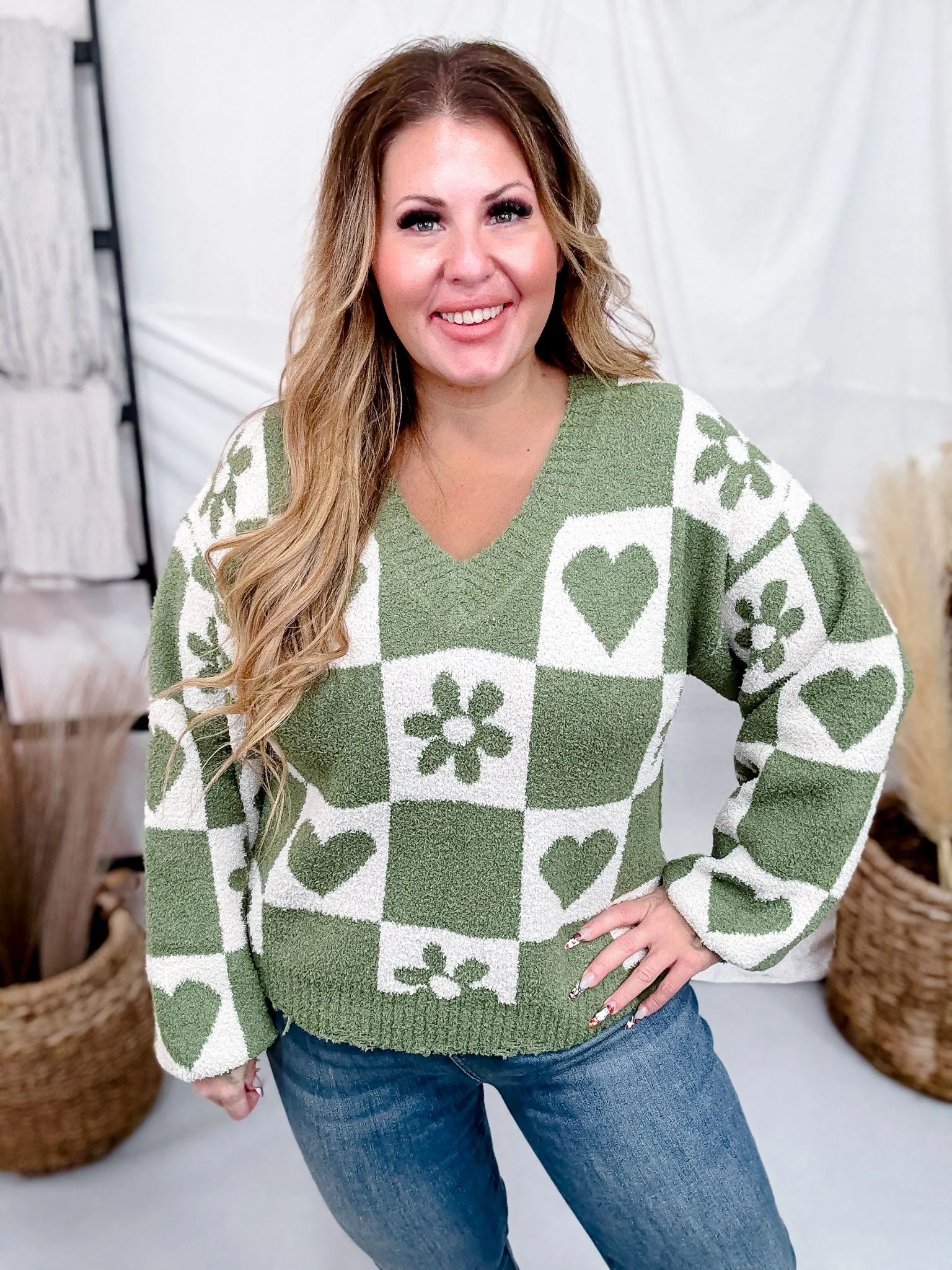 Grass Green & Ivory Heart & Flower Checkered Sweater FINAL SALE - Image 4