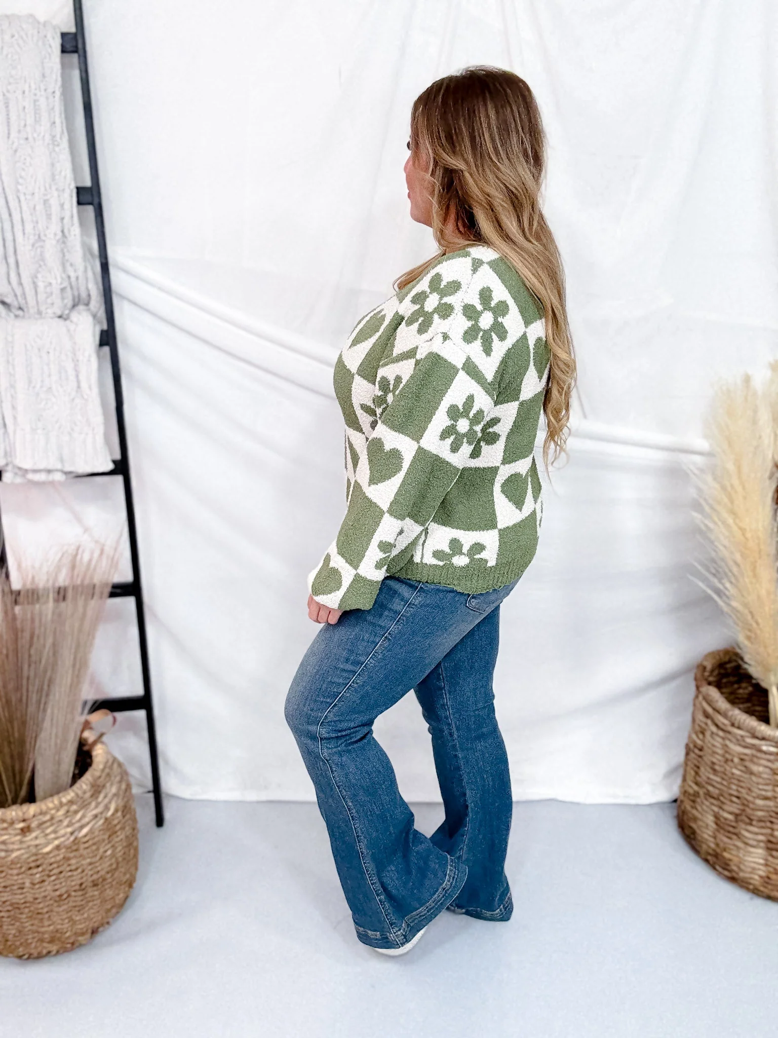 Grass Green & Ivory Heart & Flower Checkered Sweater FINAL SALE - Image 5