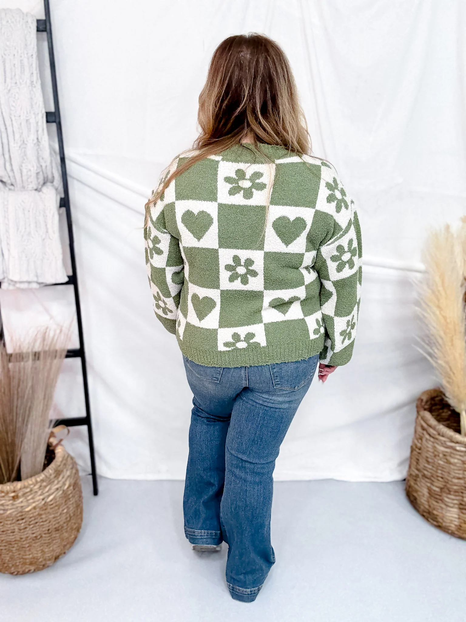 Grass Green & Ivory Heart & Flower Checkered Sweater FINAL SALE - Image 6